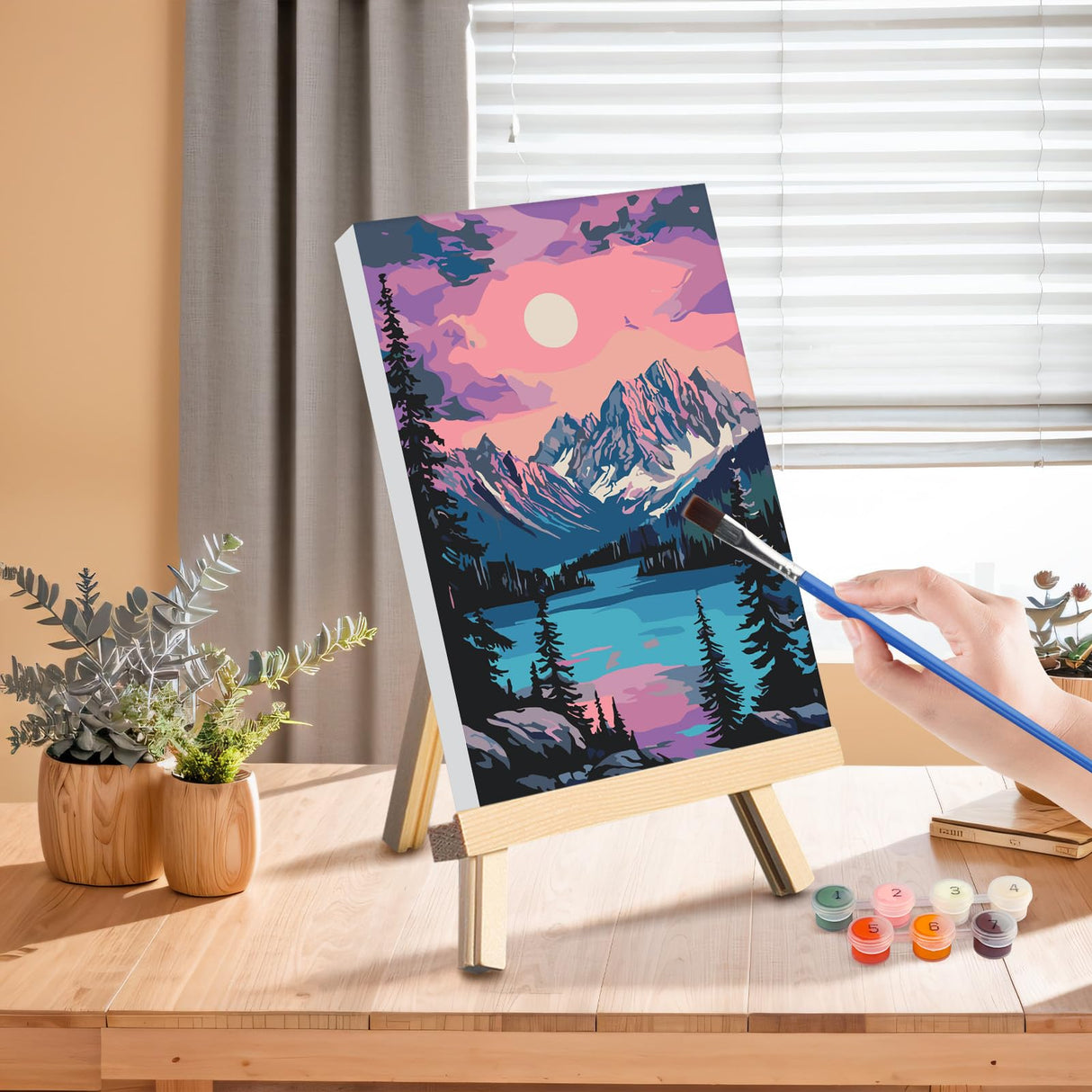 4 Pack Paint by Numbers Kits for Adults Beginners Framed Canvas, Adult Paint by Number Kit with Wooden Easel, Sunset Lake Mountains Easy Painting by Numbers for Adults Framed Crafts 8x12inch Genius maker