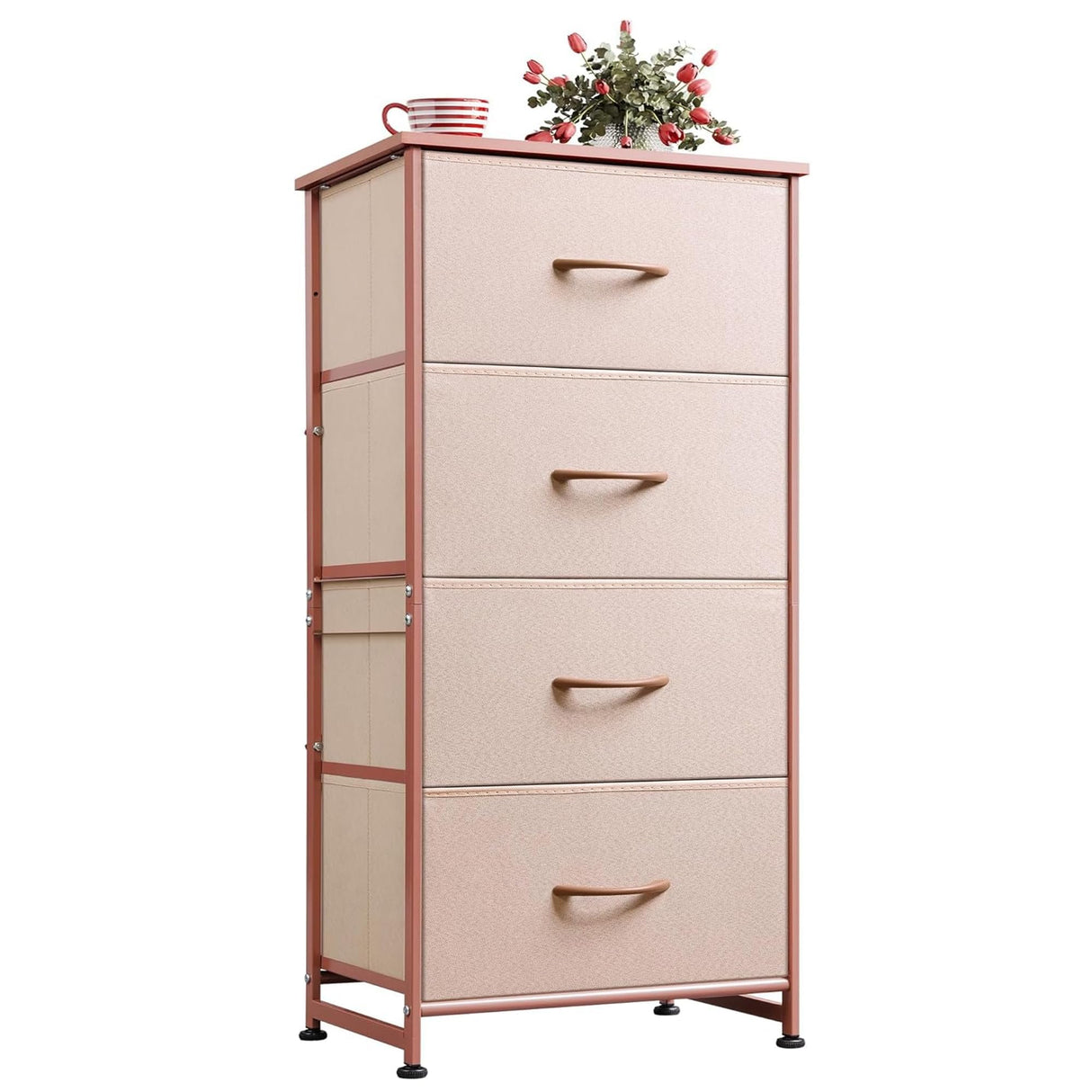 WLIVE 4 Drawers Dresser for Bedroom, Pink Rose Gold Fabric Clothes Storage Organizer Unit, Dresser for Hallway, Entryway, Closets, Sturdy Steel Frame, Wood Top WLIVE