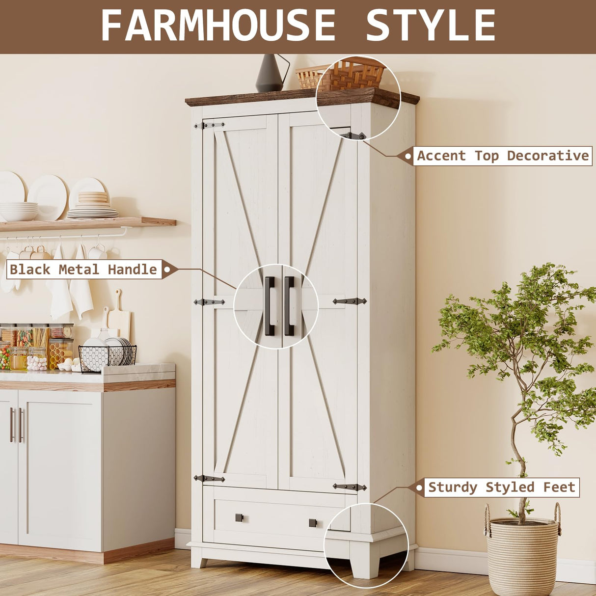LUXOAK Farmhouse Kitchen Pantry Cabinet, 72" Tall Storage Cabinet with Adjustable Shelves & Barn Doors, Freestanding Kitchen Cupboard for Dining Room, Living Room, Barnwood+White LUXOAK