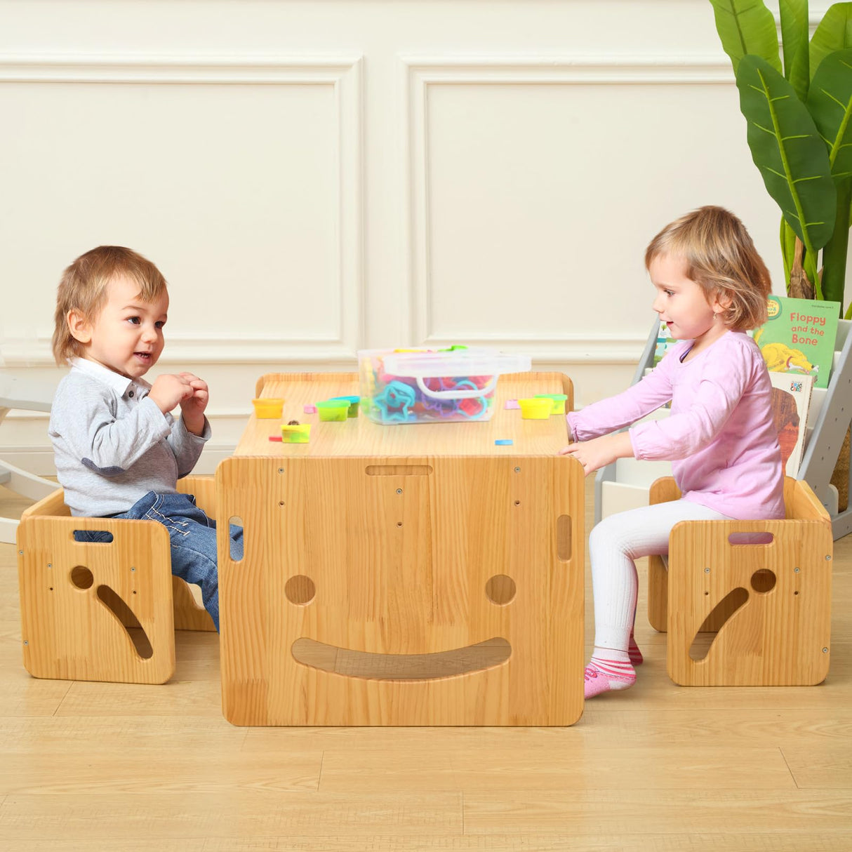 FUNLIO Height Adjustable Montessori Weaning Table and Chair Set for Age 1-3, Quality Solid Wood Toddler Table and 2 Chairs, Kids Table and Chairs for Reading/Eating/Playing,CPC Certified (3pcs Set) FUNLIO