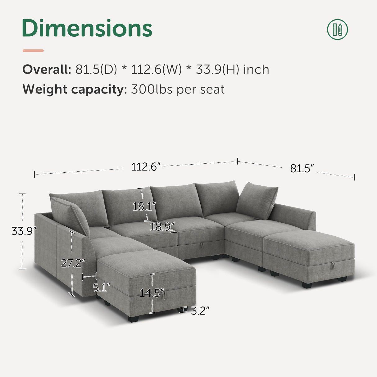 HONBAY Modular Couch with Storage U Shaped Modular Sectional Sofa, Convertible Modular Sectional Couch for Living Room, Grey HONBAY