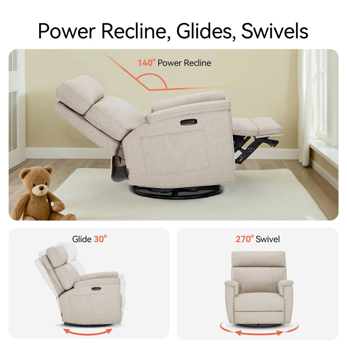MCombo Oversized Swivel Glider Rocker Recliner with Adjustable Headrest, Dual Motor Power Recliner for Nursery, Led Nightlight, Fabric PR601 (Beige) MCombo