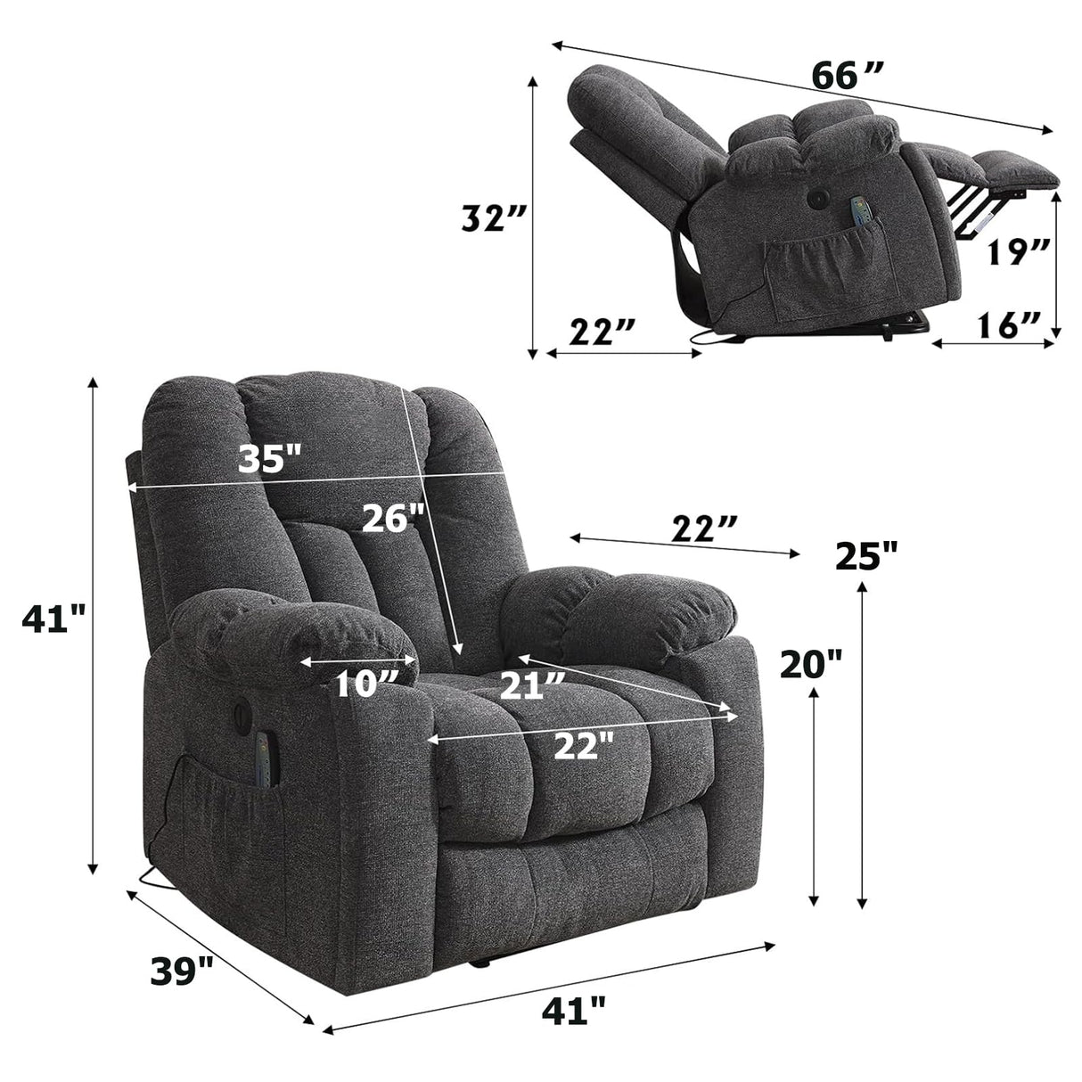 CANMOV Power Lift Recliner Chair with Massage and Heat for Elderly, Overstuffed Wide Recliners, Heavy Duty and Safety Motion Reclining Mechanism with USB Ports, 2 Concealed Cup Holders, Smoke Gray CANMOV