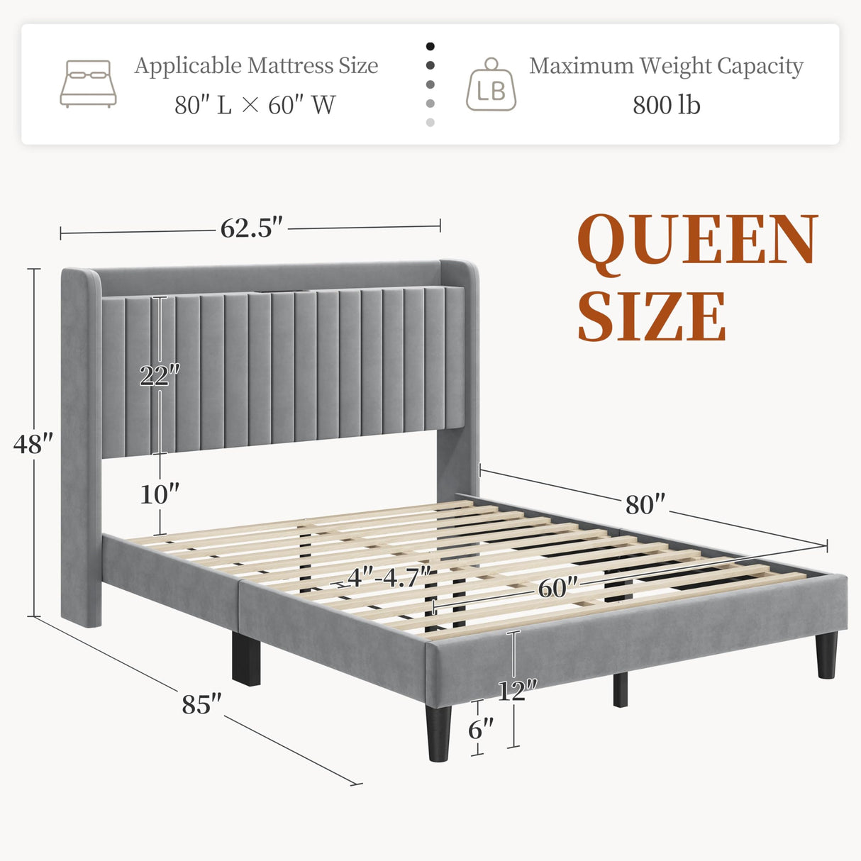 Yaheetech Queen Bed Frame with USB Charging Station and Storage Shelf/Upholstered Headboard Platform Bed with Wing Side/Wooden Slats Support/Noise Free/No Box Spring Needed/Easy Assembly, Light Grey Yaheetech