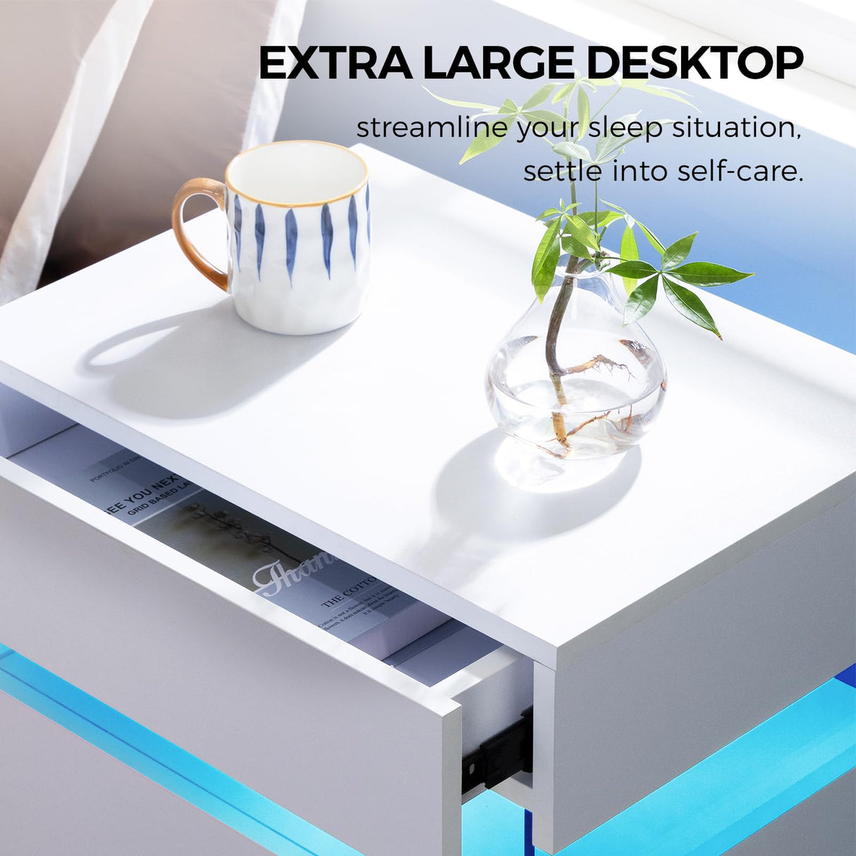 Bingoday Night Stands Set of 2 White LED Nightstand Set 2 with 4 Drawers Modern Bedside Tables for Bedroom, Living Room (White) Bingoday