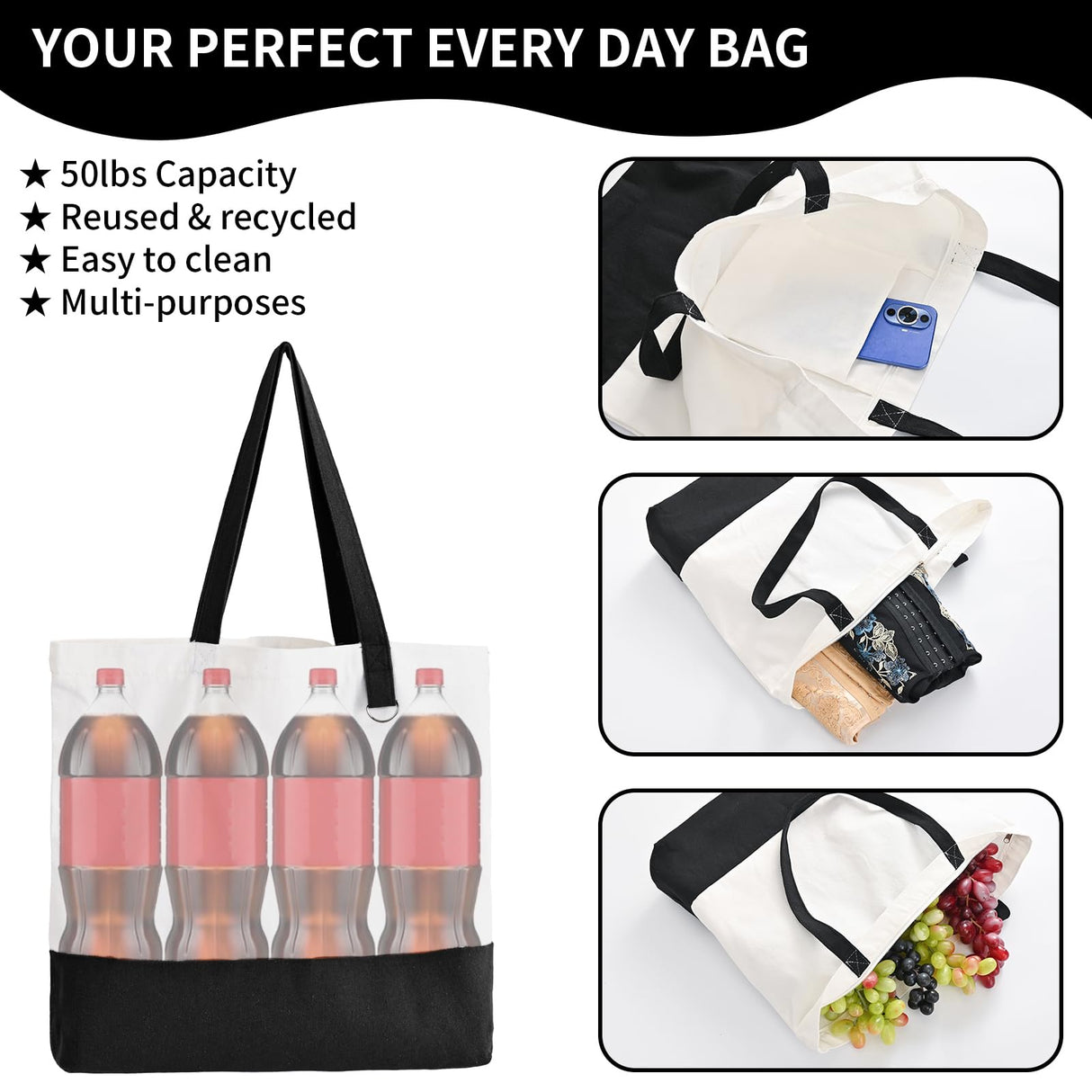 HWJH 6 Pack Canvas Tote Bags with Zipper, Blank Reusable Grocery Bags, Widened Washable Bag With Inner Pocket, Shopping Travel large tote bags for DIY Heat Transfer, Birthday Gifts for Women (Black) HWJH