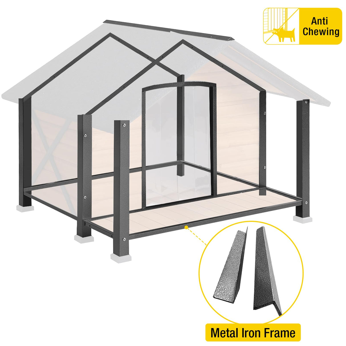 Aivituvin Dog House with Anti-Chewing Metal Frame Outdoor Large Wooden Dog Kennel Outside with Overhang Roof Large Porch Weatherproof Aivituvin