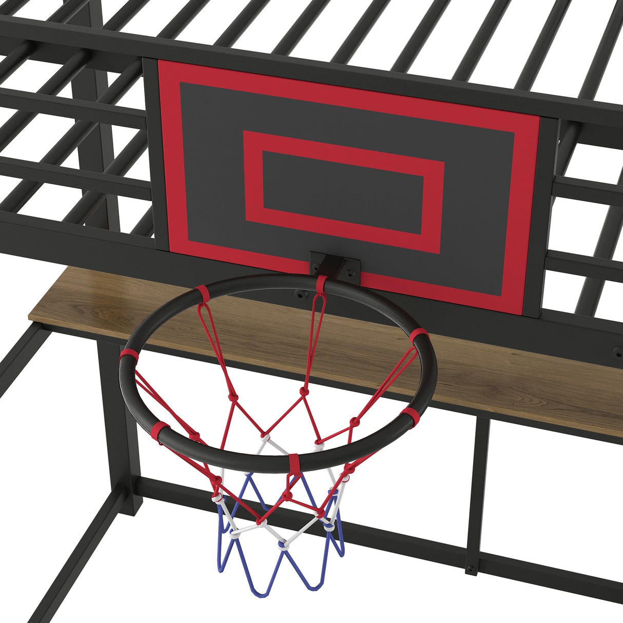 Twin Size Loft Bed with Desk and Storage Shelves,Metal Loft Bed with Basketball Hoop,Heavy Duty Loft Bed Frame for Kids,Teens,Adults,High Loft Bed Frame Twin Size, Space Saving, Black Bellemave