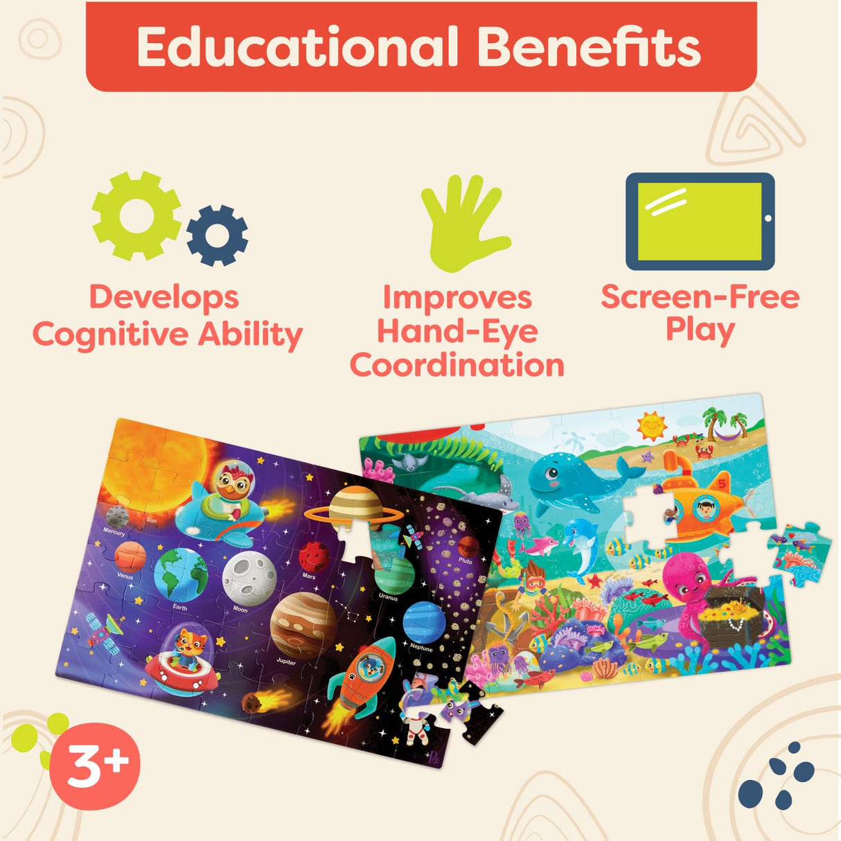 B. toys- Gigantic Jigsaw 2-Pack - Sea & Solar System- 48-Piece Floor Puzzles-Large 2 x 3 Feet Jigsaw Puzzles for Kids – Educational & Developmental Toys – 3 Years + B. toys