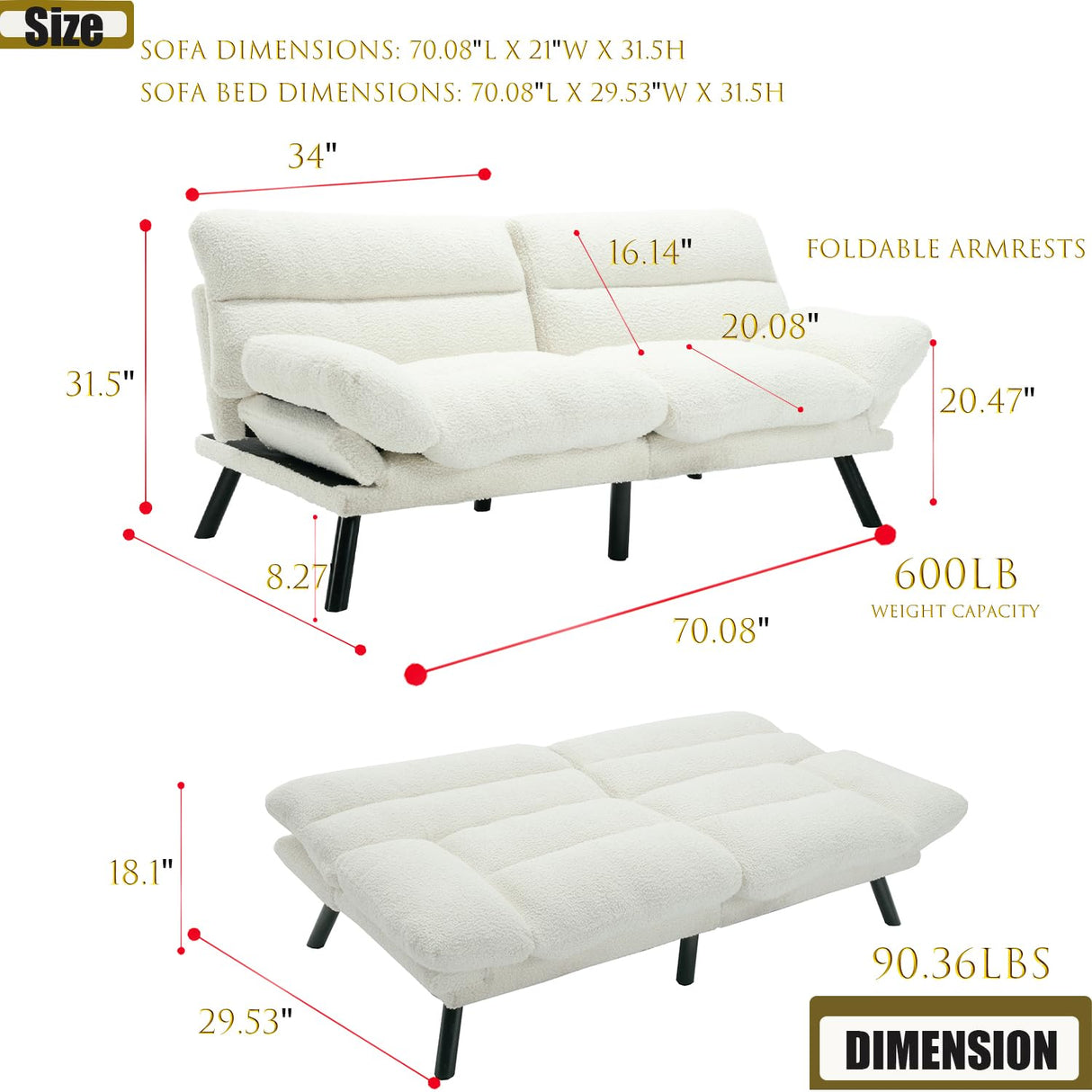 Modern Teddy Velvet Convertible Folding Futon Couch Sofa Bed Adjustable Pillow Top Arm Memory Foam Couch Double Loveseat Sofa for Compact Living Space,Dorm,Game Studio,Apartment,Bedroom (White Teddy) Klwenas Maec