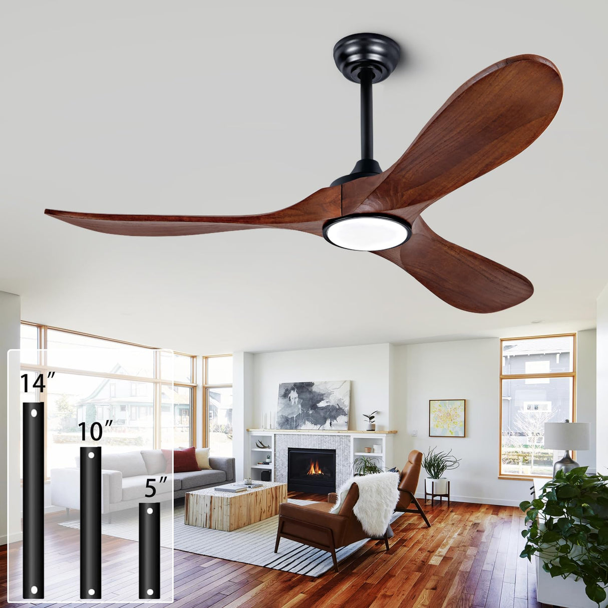 dearnow 52" wood ceiling fan with light with remote control, indoor outdoor wood ceiling fan with 3 wood blades for patio, living room, dining room, pavilion yard, etc (black + walnut) dearnow