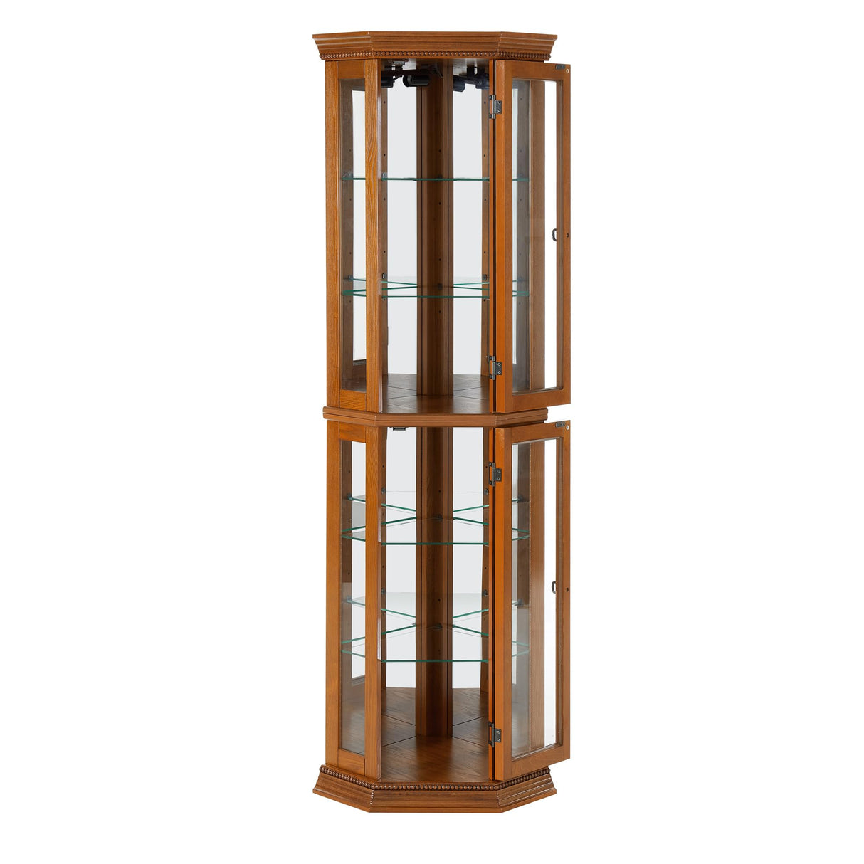 Henf 69.5" Tall Corner Cabinet, Lighted Glass Display Curio Cabinet with Glass Doors, Adjustable Shelves and Mirrored Back Panel,Curved Wood Corner Curio Storage Rack for Living Room, Bedroom Henf