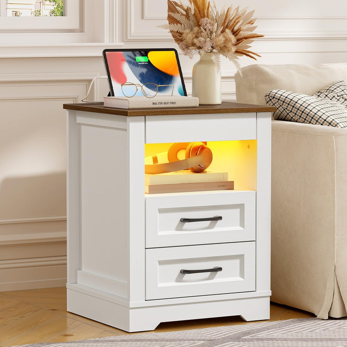 RALGEND Farmhouse Nightstand with Gun Drawer, Bedside Table with Charging Station and LED Light, Night Stand with 3 Drawers, End Table for Bedroom, Living Room, White and Walnut RALGEND