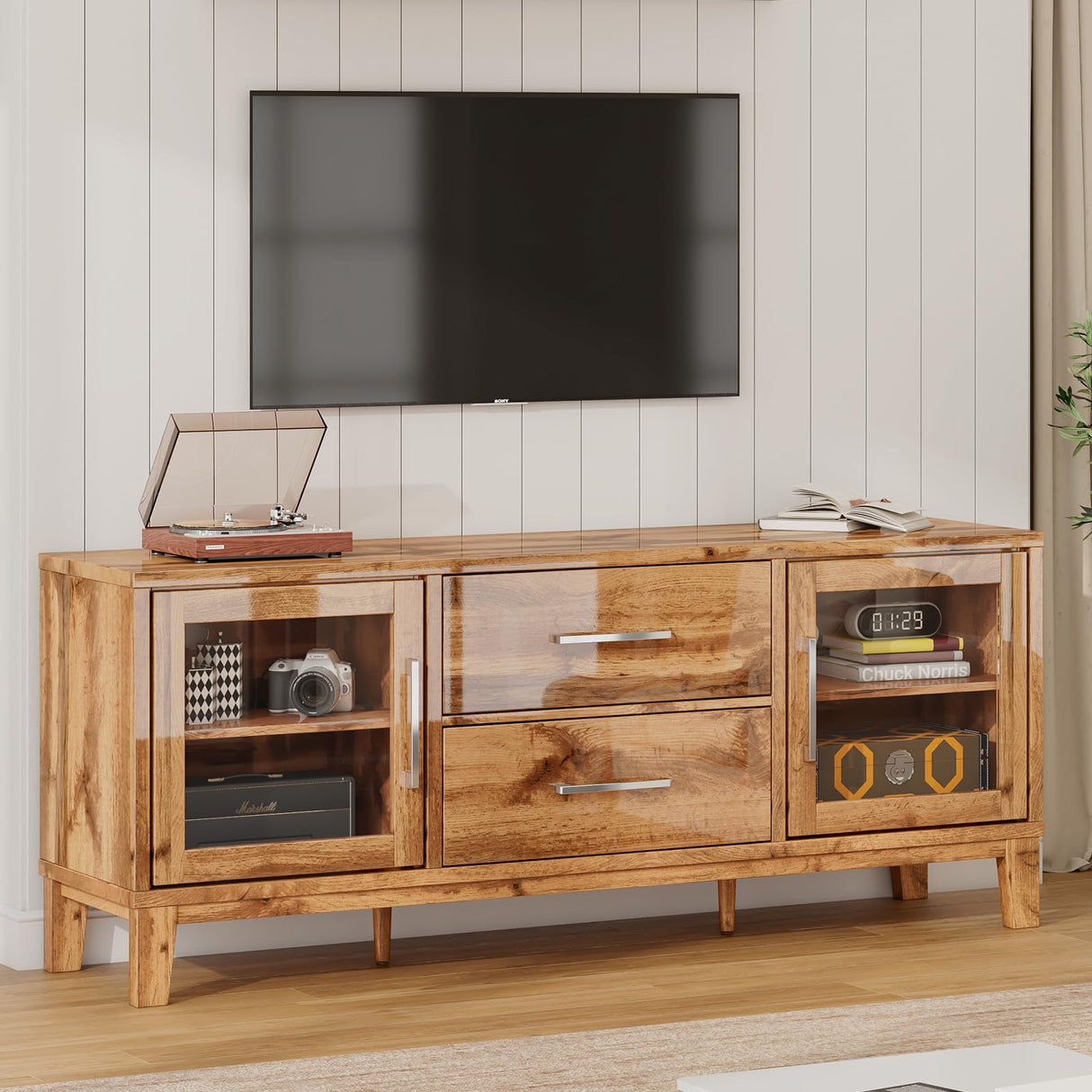 LUXOAK 63in Modern Wood TV Stand for 70+ Inch TV, Mid Century High Gloss Entertainment Center with Glass Doors & Adjustable Shelf, TV Console with Storage Drawer for Living Room, Yellow Oak, CTS008 LUXOAK