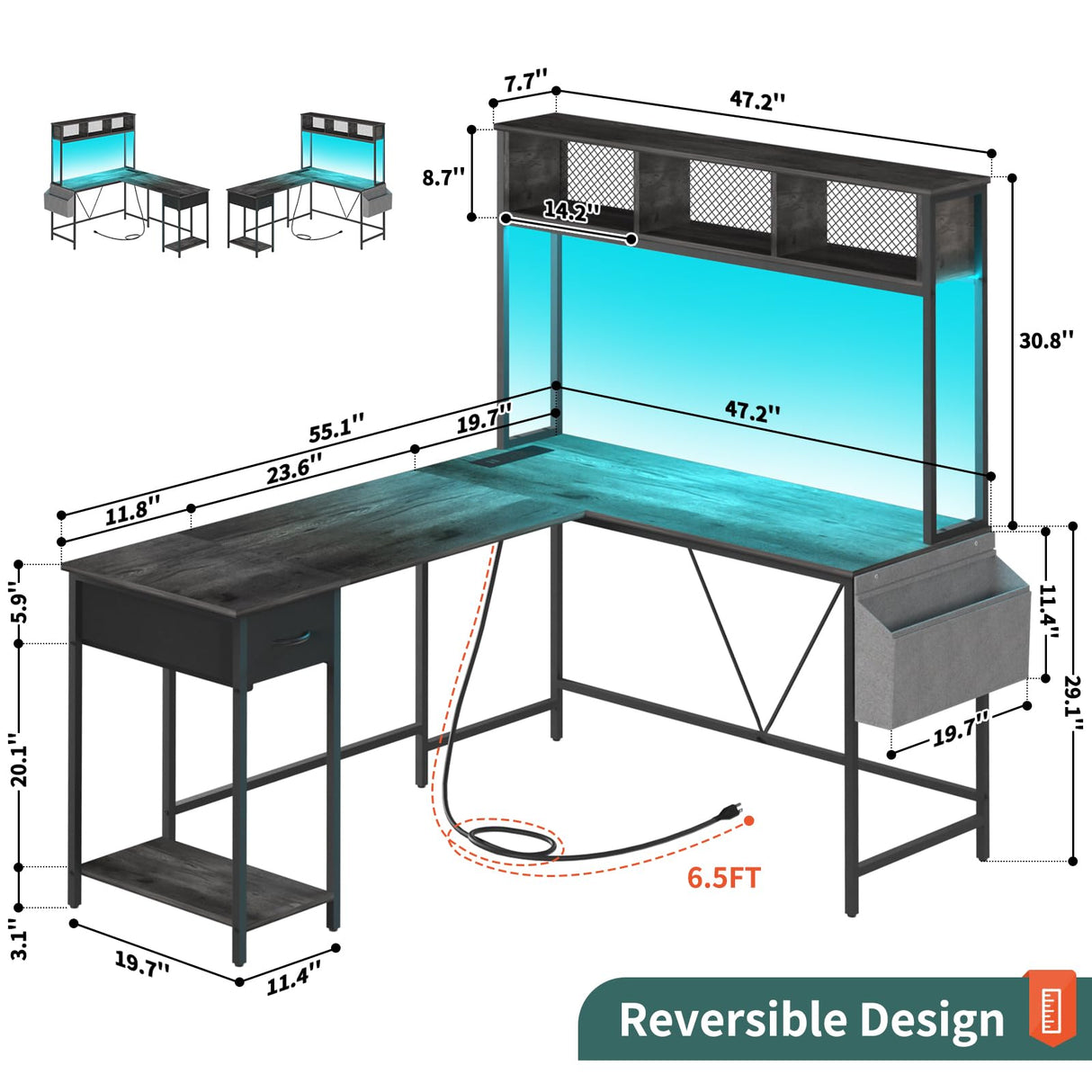 Yoobure L Shaped Desk Gaming Desk with LED Strip & Power Outlet, Reversible L-Shaped Computer Desk with Storage Shelf & Drawer, Corner Desk with Storage Bag, 2 Person Home Office Desk, Gray Yoobure