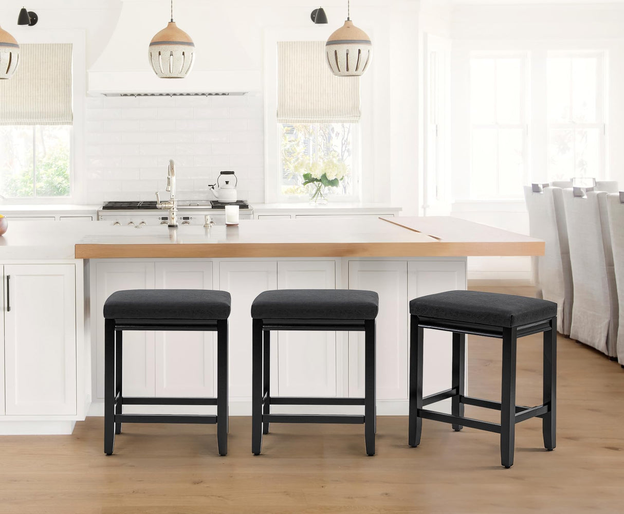 RNKSFX Counter Height Black Bar Stools Set of 3 for Kitchen Counter Farmhouse Modern Barstools with Faux Leather Upholstered Backless Seat and Solid Wood Legs 24 inch Bar Chairs RNKSFX