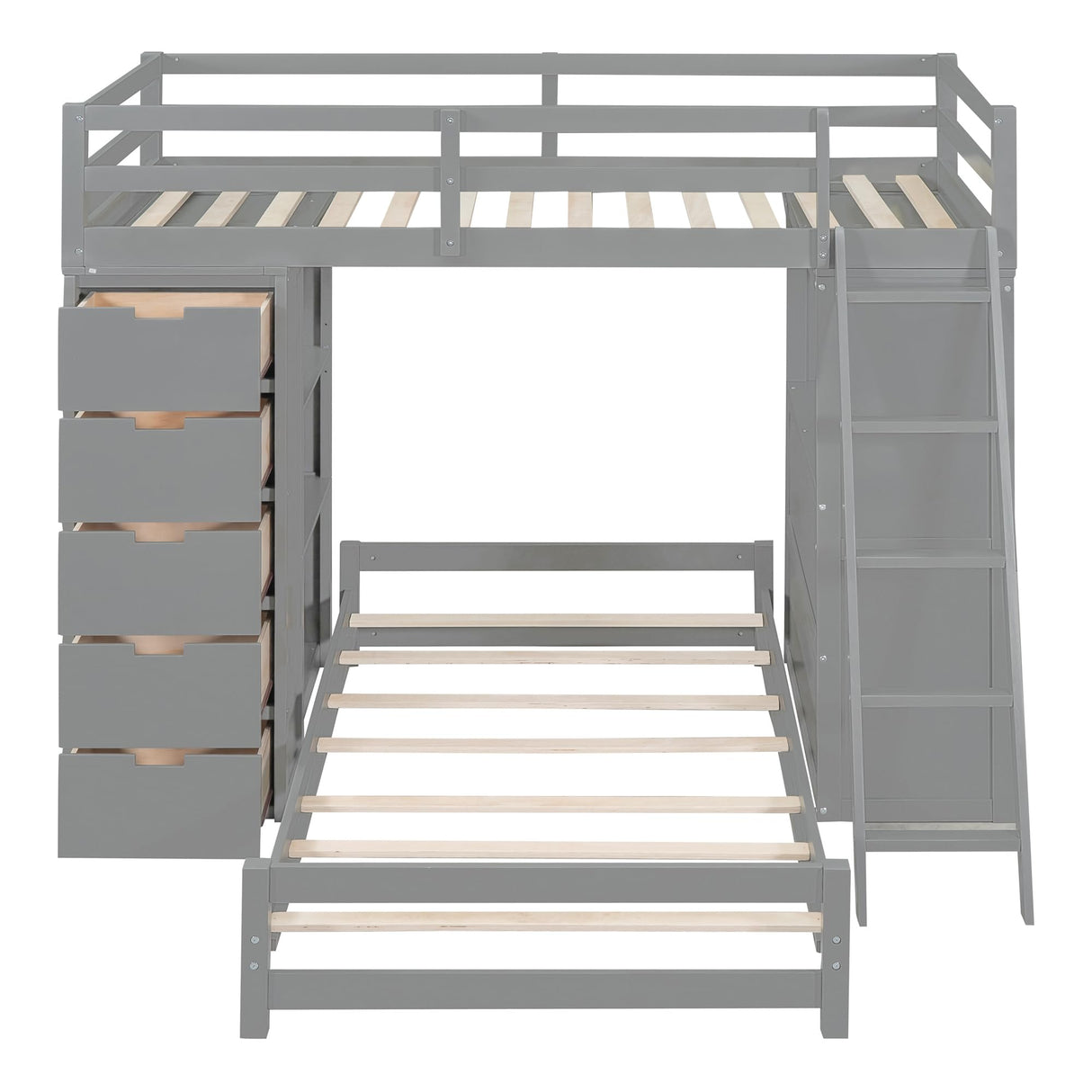 Twin Over Twin Bunk Bed with Desk, USB Ports, LED Light, Storage Drawers & Bookcase - Grey Harper & Bright Designs