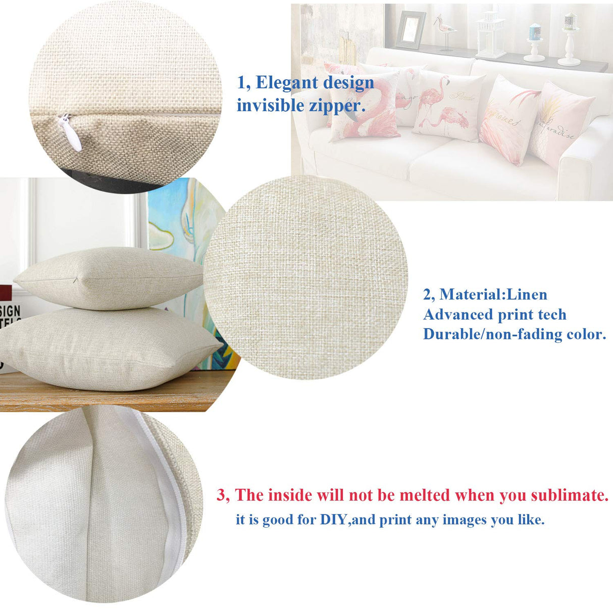 16 X 16 Inch 4 PCS Beige Sublimation Blanks Linen Throw Pillow Case Cushion Cover Pillowcase Shams for Sofa Vinyl Projects DIY Personalized Heat Press Printing NO Pillow Insert Decorative Square FUKiss