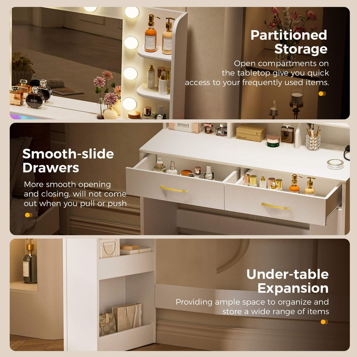 COMHOMA Vanity Desk with Lighted Mirror and Power Outlet, RGB LED Lights Makeup Vanity Set for Girls, Large Storage Capacity Dressing Table for Bedroom, 3 Lighting Modes Adjustable Brightness, White COMHOMA