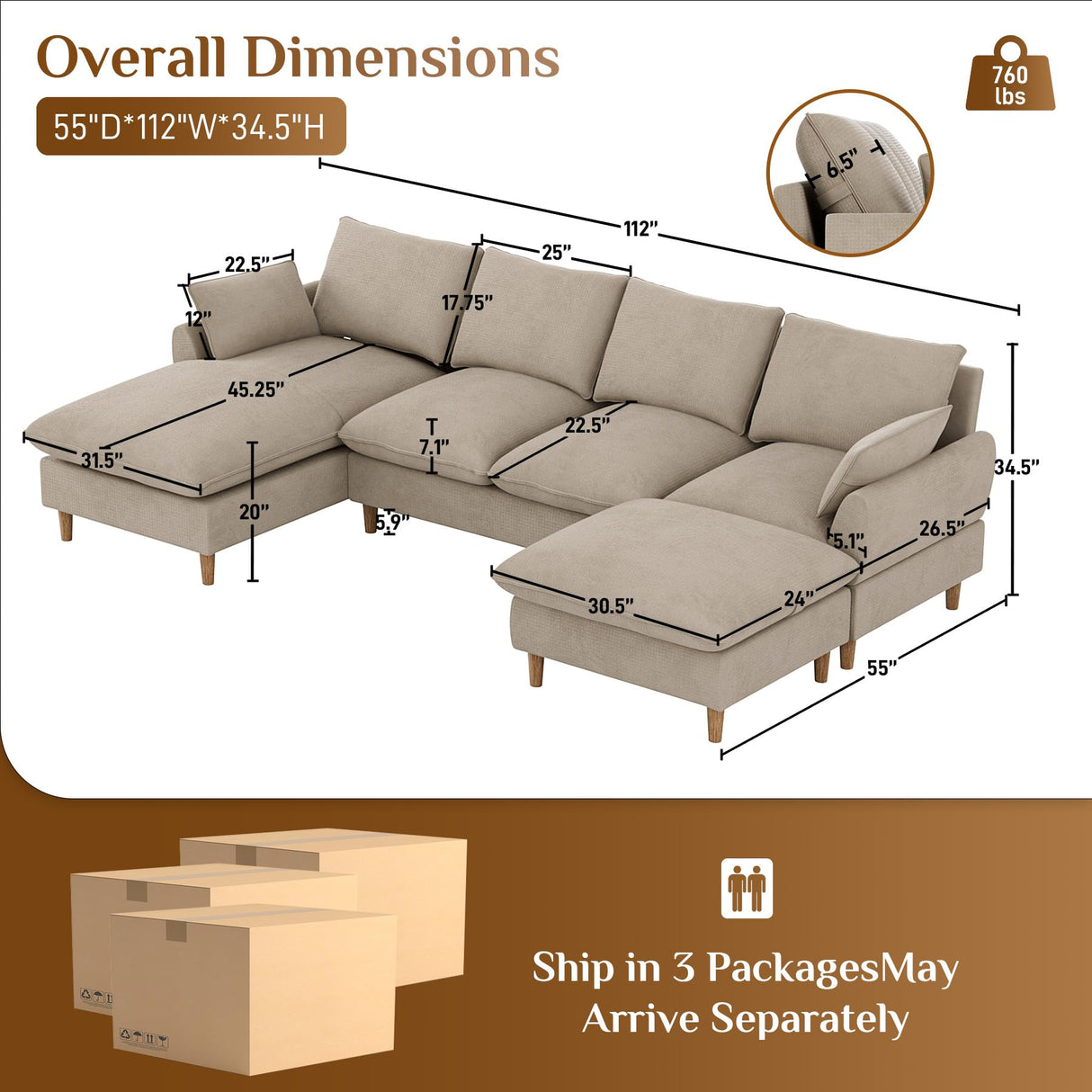 Nolohoo Cloud Couch Sectional Sofa, Modern Large Modular Sofas with Chaise, Convertible Ottoman, 112" Comfy Fluffy U Shape Sectional Couches for Living Room, Apartment, Light Brown Nolohoo