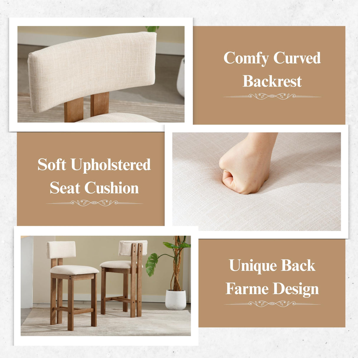 DM Furniture 26" Mid Century Modern Counter Bar Stools for Kitchen Island Farmhouse Wooden Counter Height Barstools Set of 4 with Linen Fabric Curved Back for Patio/Home Bar/Balcony, Beige DM Furniture