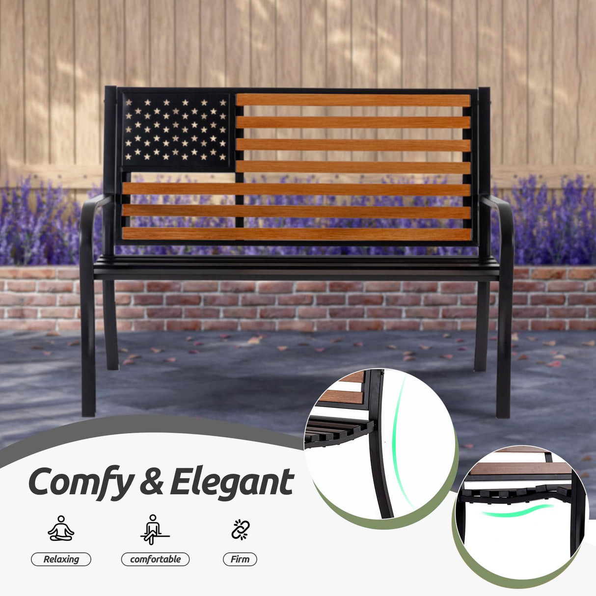 ππππ₯π’ππ¬ππ₯π¨π§ 50β Outdoor Bench Garden Bench with American Flag Style, Sturdy Cast Iron Metal Frame Patio Park Bench for Porch Yard Lawn Deck Park Attliasalon