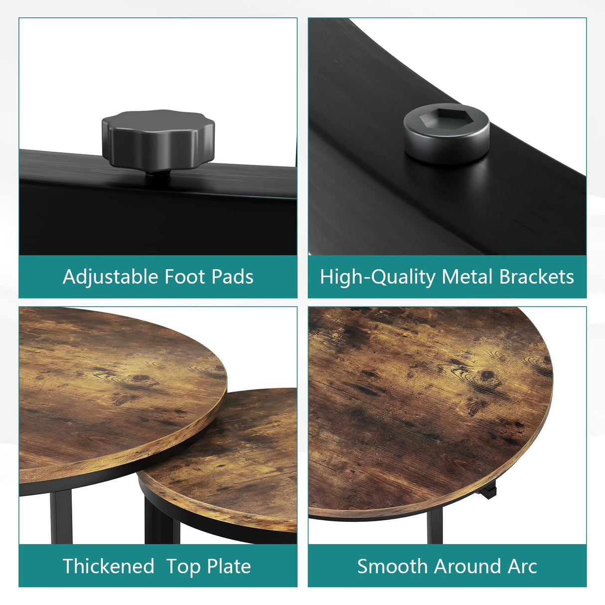 Smuxee Nesting Coffee Table Set of 2, 23.6" Round Coffee Table Rustic Wood Top with Adjustable Non-Slip Feet, Industrial End Table Side Tables for Living Room Bedroom Balcony Yard Smuxee