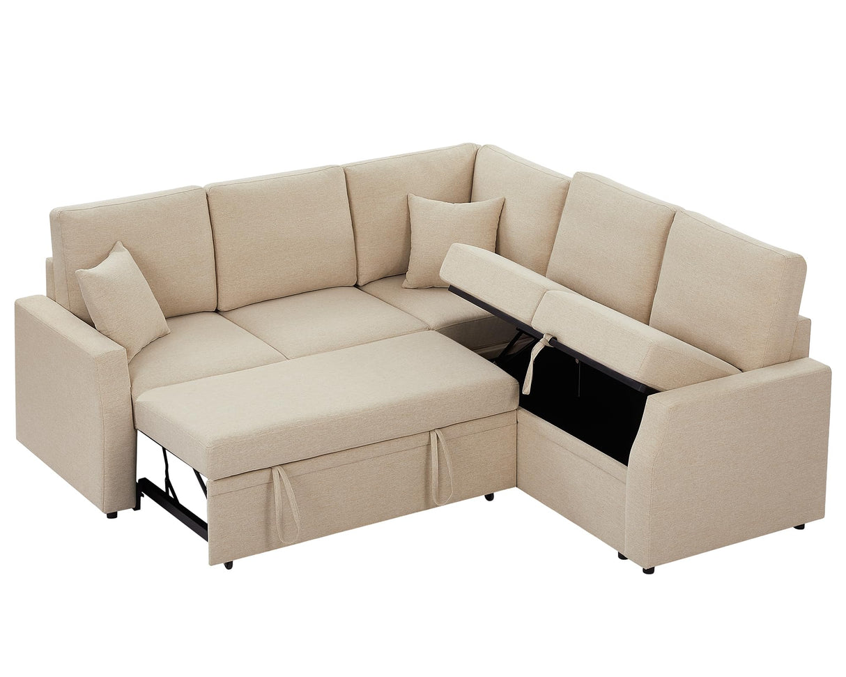 AMERLIFE 85 Inch Sofa Bed, Oversized L Shape Couch with Pull Out Bed & Storage Seat, Oversized Reversible Sleeper Sofa for Living Room Apartment, Beige Linen Couch AMERLIFE