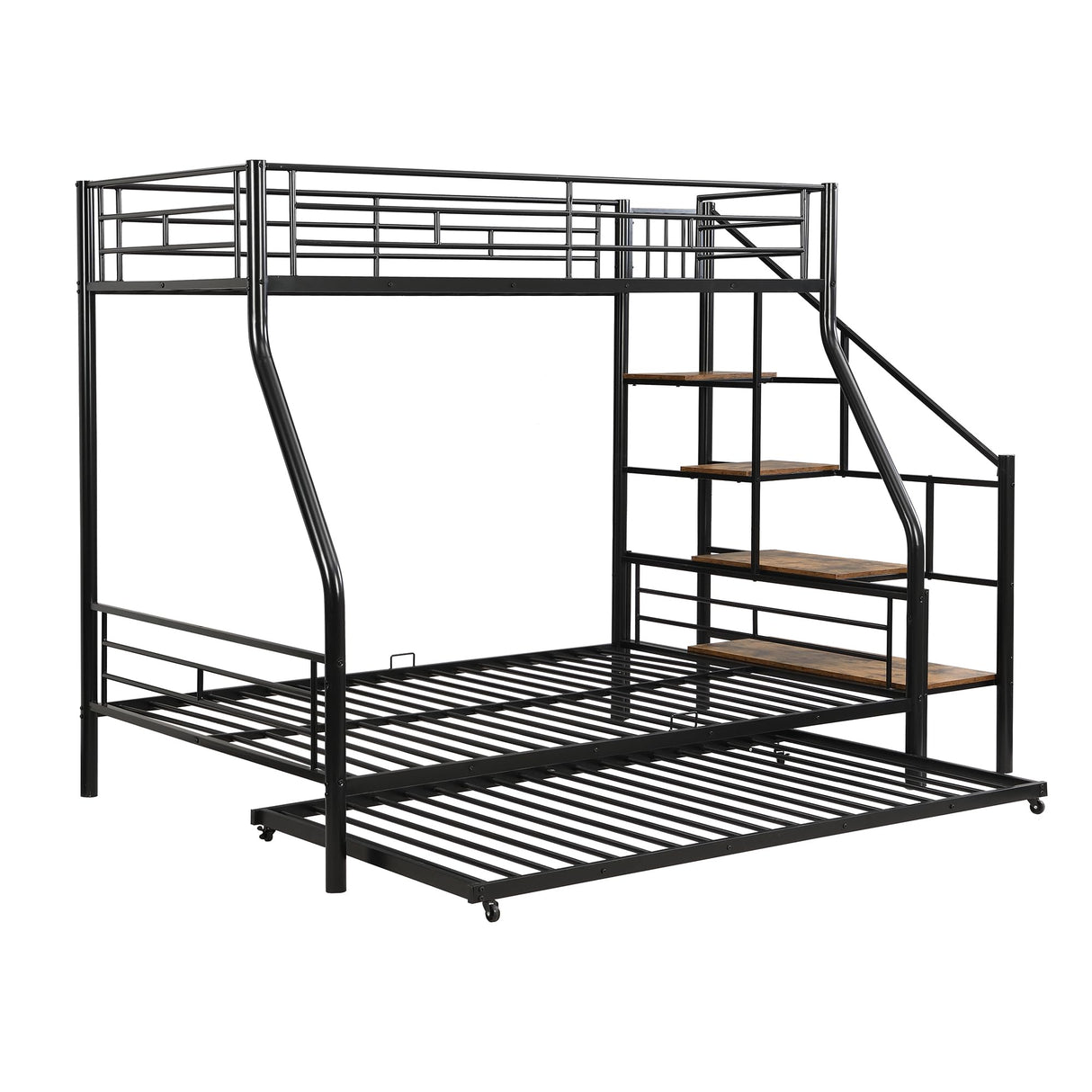 Twin Over Full Metal Bunk Beds with Trundle,Heavy-Duty Metal Bunk Bed Frame with Storage Staircase for Kids,Teens,Adults,Space-Saving,Black Bellemave