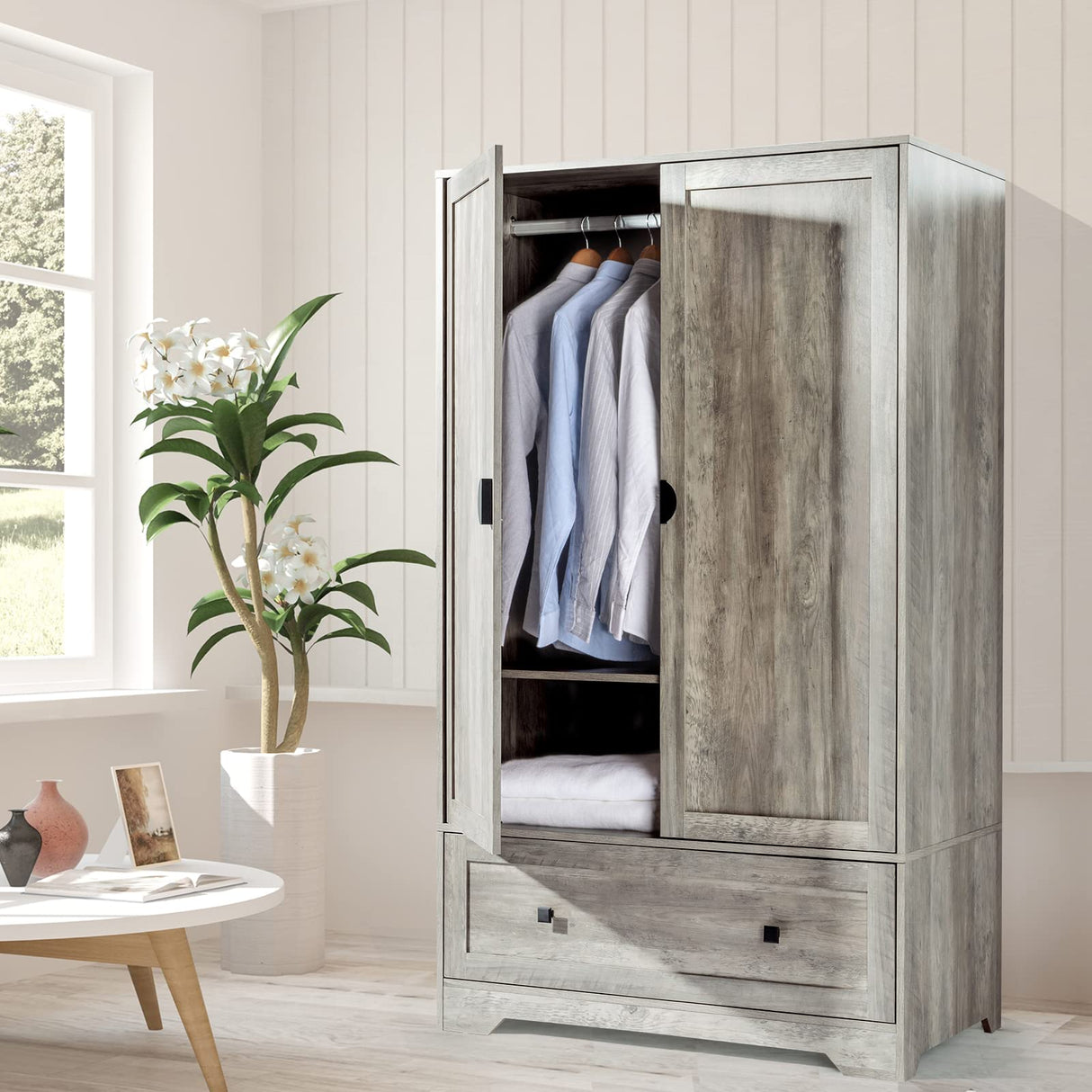 VINGLI Wide Armoire Wardrobe Closet with Hanging Rod, Adjustable Shelves and Drawer, Freestanding Wardrobe Closet with Doors, Bedroom Armoires and Wardrobes, Rustic Grey VINGLI