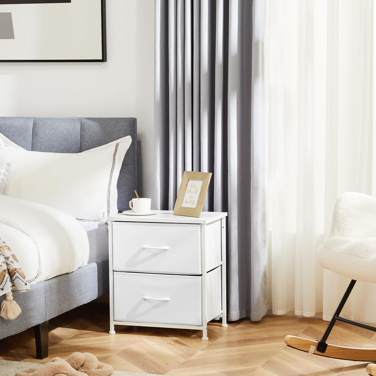 DUMOS Nightstand Small Dresser with 2 Fabric Drawers Side Tables Bedroom End Table Kids Bedside Storage Furniture for 20 inch Tall Night Stand for Closet, Entryway, College Dorm, White(2 Pack) DUMOS