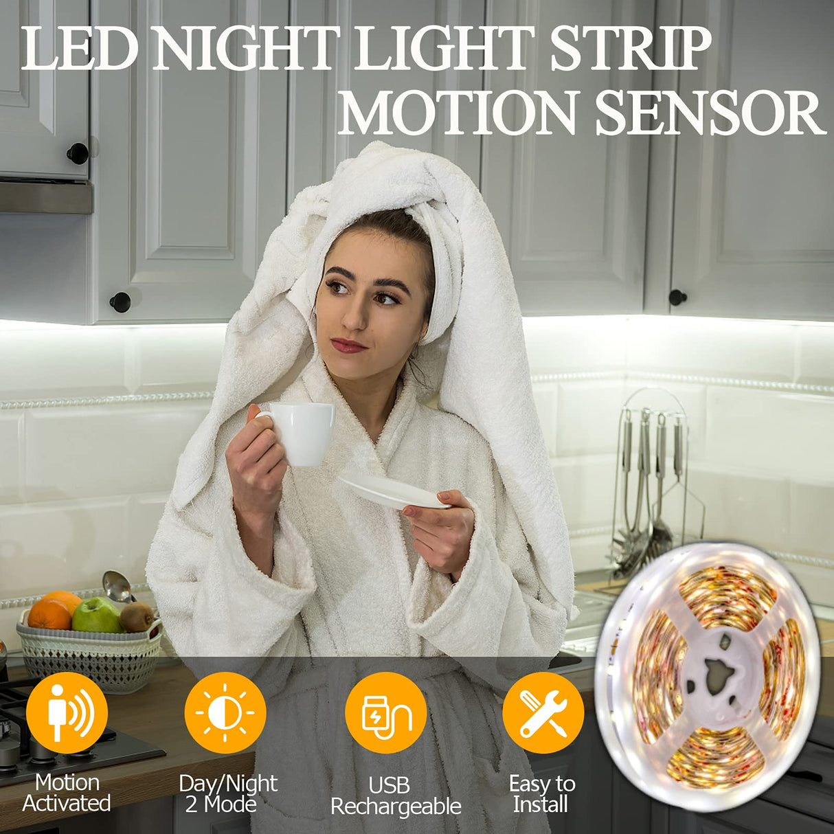 KOLANDY Motion Sensor LED Light Strip - Under Cabinet & Indoor Closet Lights, 6.56ft, 6000K KOLANDY