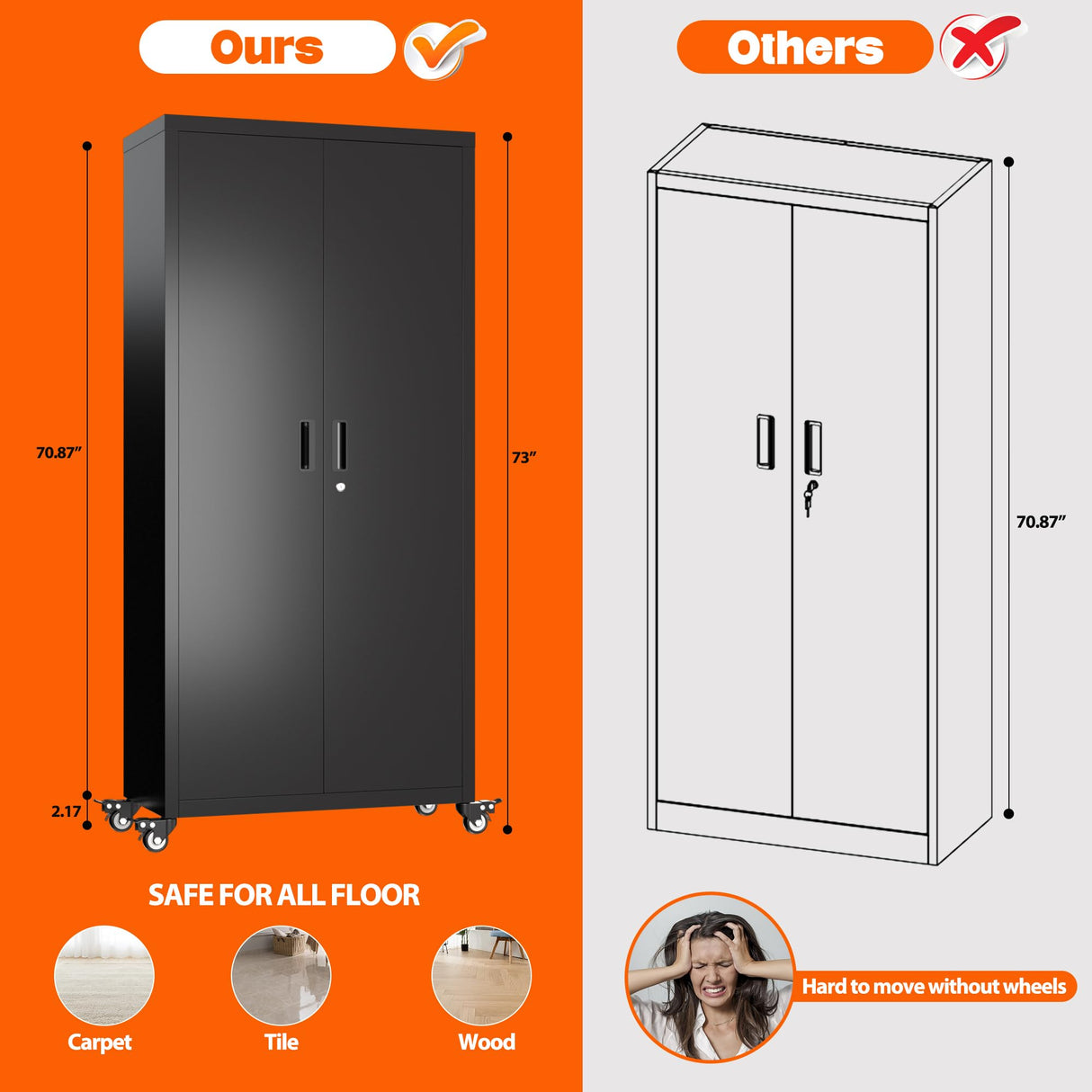 GangMei 73" Tall Garage Storage Cabinets with Wheels, Metal Storage Cabinets with Locking Doors and 4 Adjustable Shelves for Garage Home, Assembly Required, Black GangMei