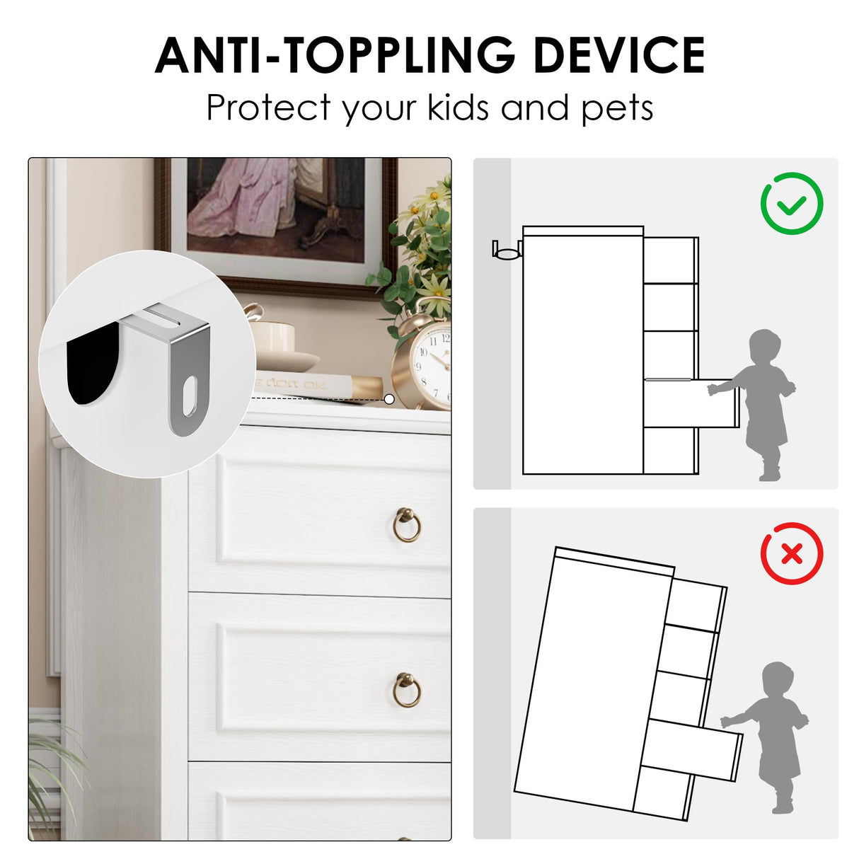 HOSTACK Dresser for Bedroom, 44" Tall Dresser with 5 Drawers, White Chest of Drawers with Storage, Modern Farmhouse Wood Dressers for Closet, Living Room, Hallway HOSTACK