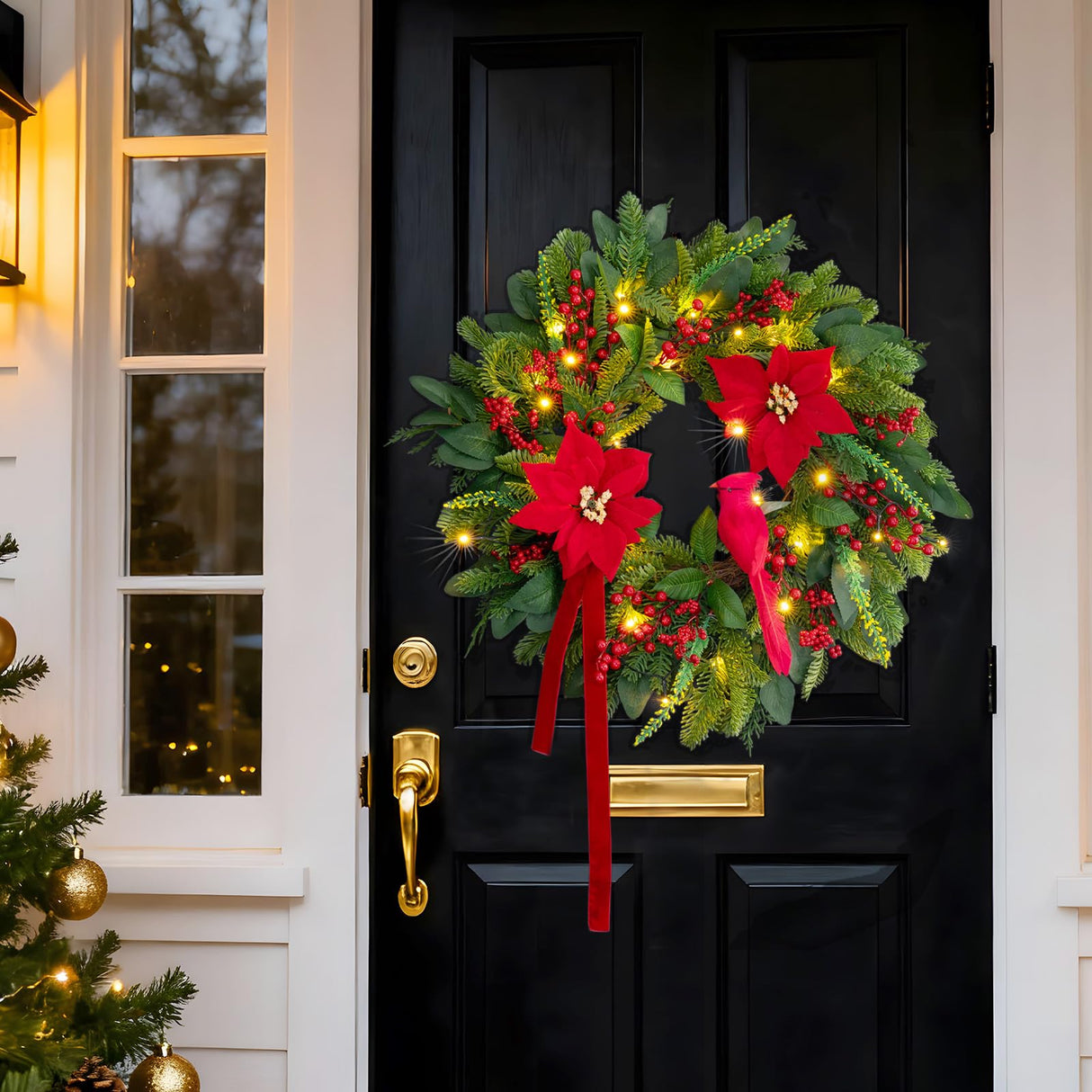 Pinkpuii Pre-Lit Christmas Wreaths for Front Door 24 Inch Christmas Wreath with Lights,Large Winter Wreath with Cardinal Birds,Poinsettia,Green Evergreen Pine Needles Red Berries Holiday Wreath Decor Pinkpuii