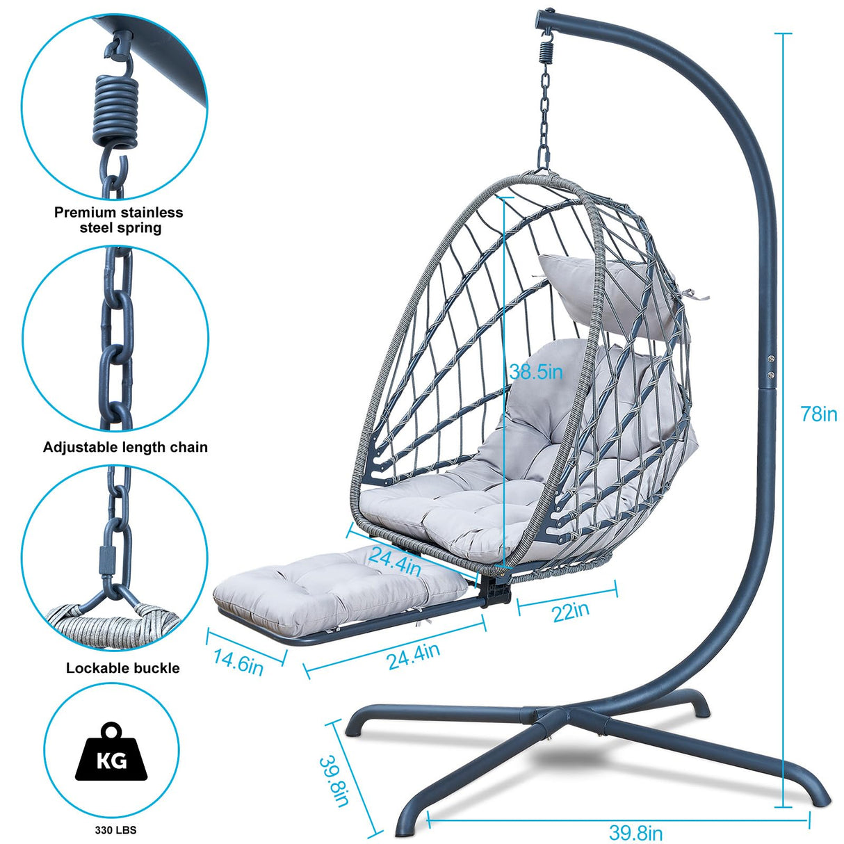 Hanging Egg Chair with Stand and Leg Rest โ Rattan Wicker Swing Hammock Chair, UV-Resistant Cushion, Heavy-Duty Frame for Indoor & Outdoor Patio, Bedroom, Balcony, Garden โ 330 lbs Capacity. Outlux