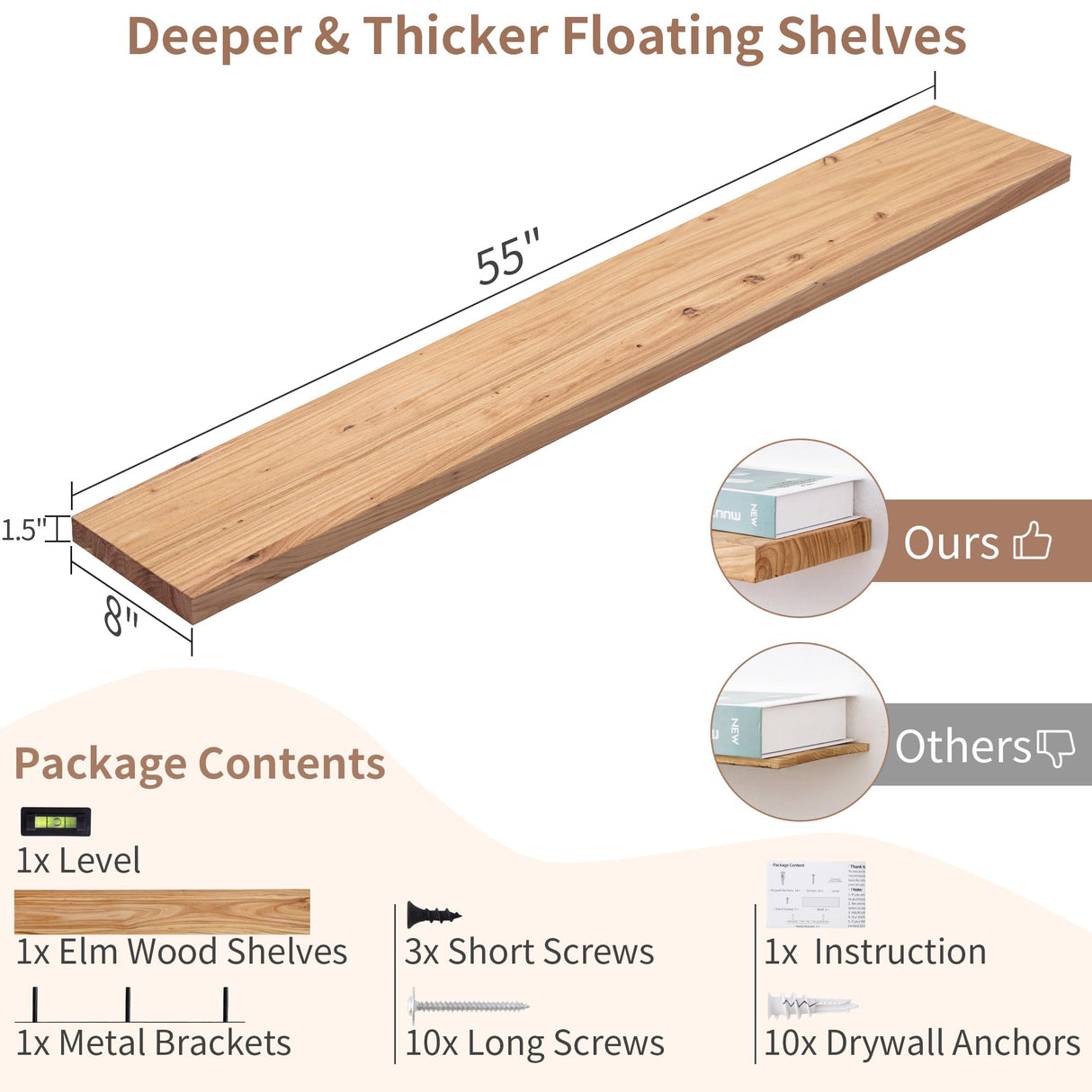 Axeman 55 Inch Fireplace Mantel Shelf - 8 Inch Deep Rustic Solid Elm Wood Floating Shelf, Wall Mounted Farmhouse Display Shelf with Invisible Heavy Duty Metal Bracket, Natural Axeman