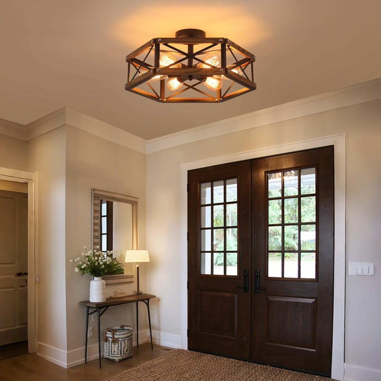 6-Light Large Rustic Farmhouse Wood Flush Mount Ceiling Light Fixture 20 inch Oak Wood and Metal Cage Semi Flush Mount Ceiling Light for Hallway Entry Dining Farmhouse Bedroom Living Room, Black RKUCSR