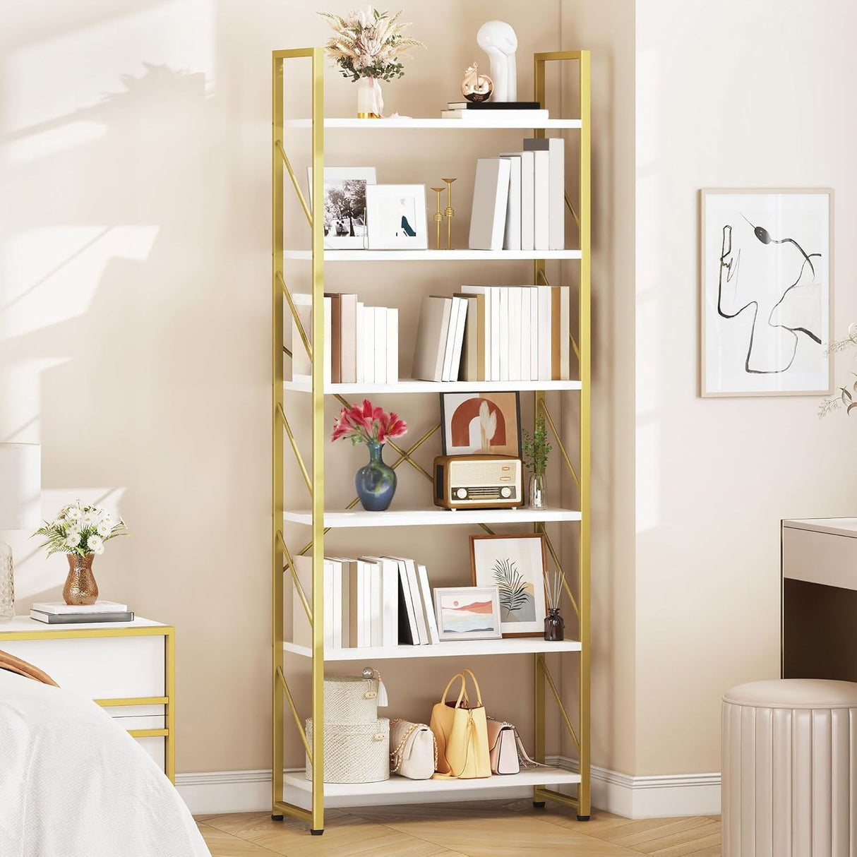 YITAHOME Tall Bookshelf 6 Tier Bookcase, Modern Gold Book Shelf, Open Display Storage Rack Shelves for Living Room/Bedroom/Home/Office/Kitchen, Holder Organizer for Books/Movies, White & Gold YITAHOME