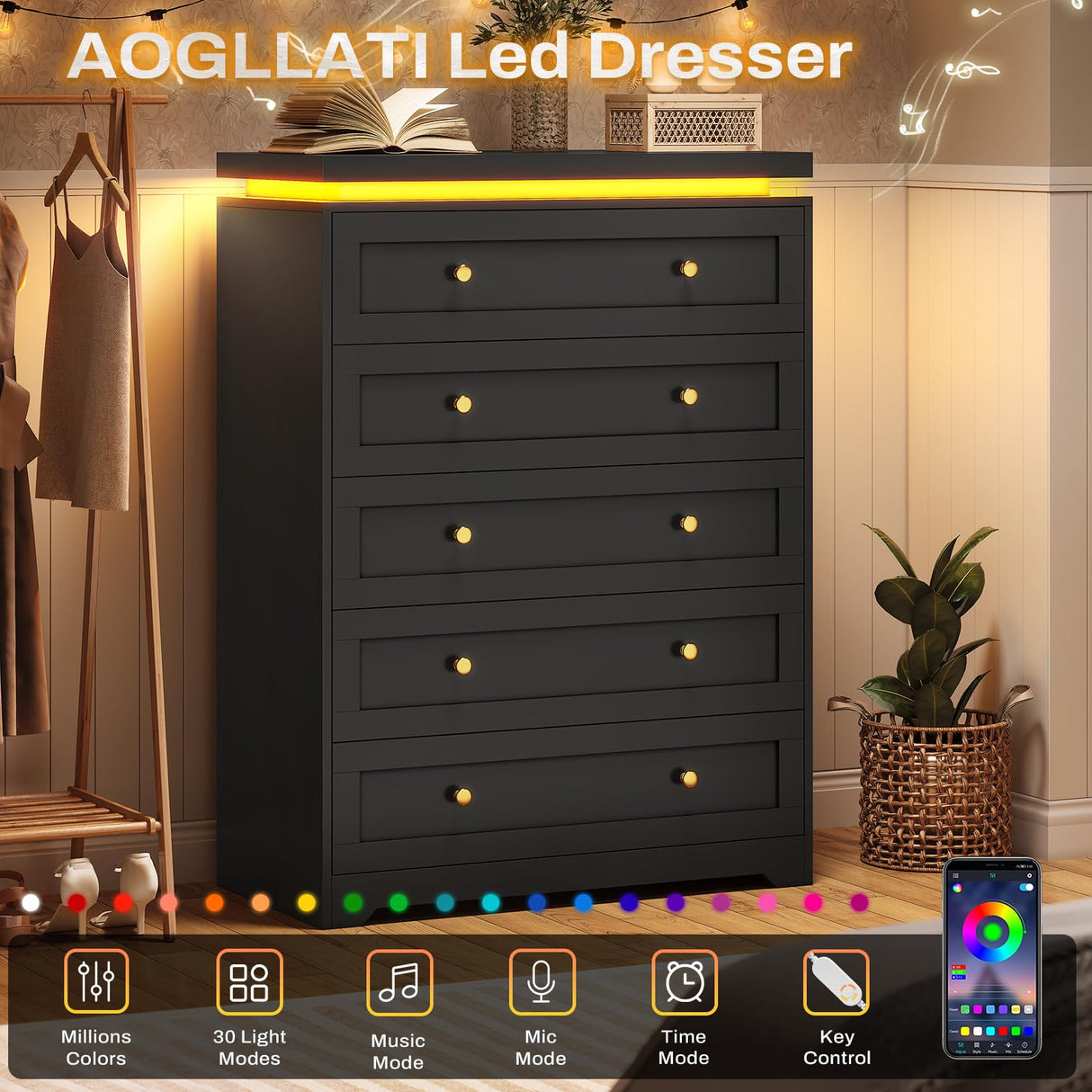 AOGLLATI Black Dresser for Bedroom,5 Drawer Dresser with Led Lights,Modern Led Tall Bedroom Dresser with Top Floating Design for Bedroom Hallway,Black AOGLLATI