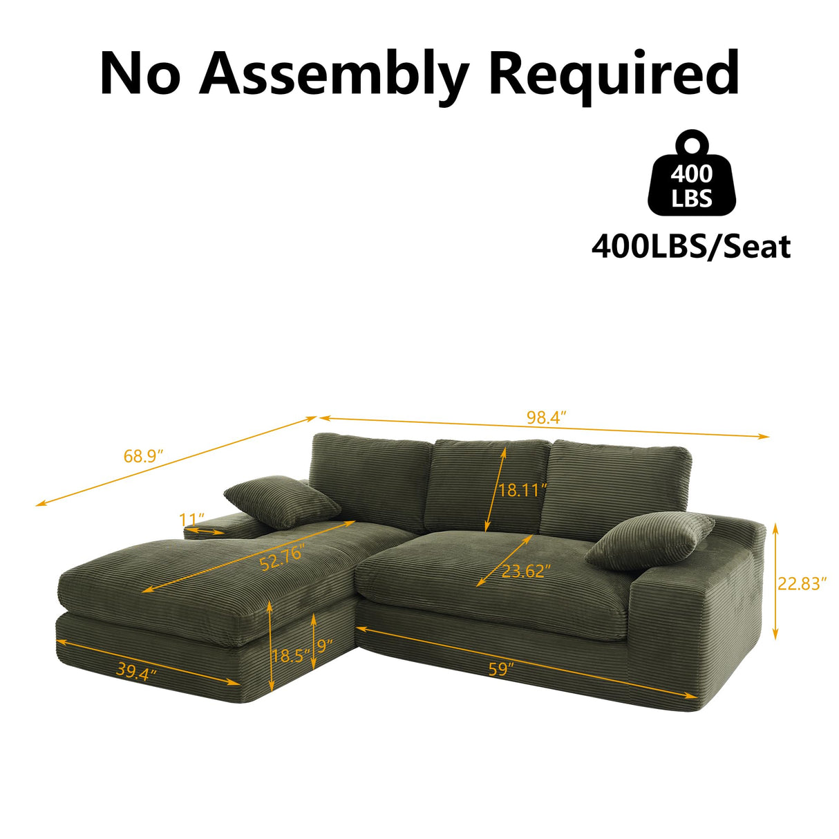 GNIXUU Corduroy Cloud sectional couches for Living Room, 98.4" Fluffy Large L Shaped Sofa with Deep Seat & Comfy Chaise, Upholstered Modular 3 Seat Couch Sleeper for Apartment, Studio, Office, Green GNIXUU