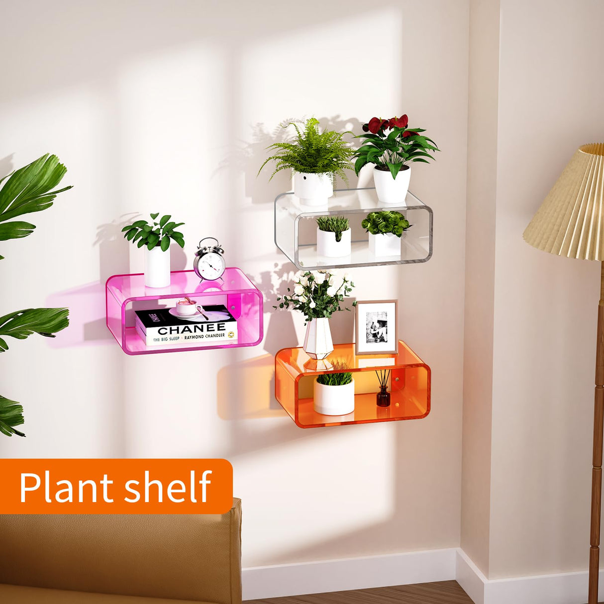 Dewrhiixe Acrylic Floating Nightstand, Bedside Table, Nightstand Shelf Wall Mounted Bedside Shelf (Orange, Small) Dewrhiixe