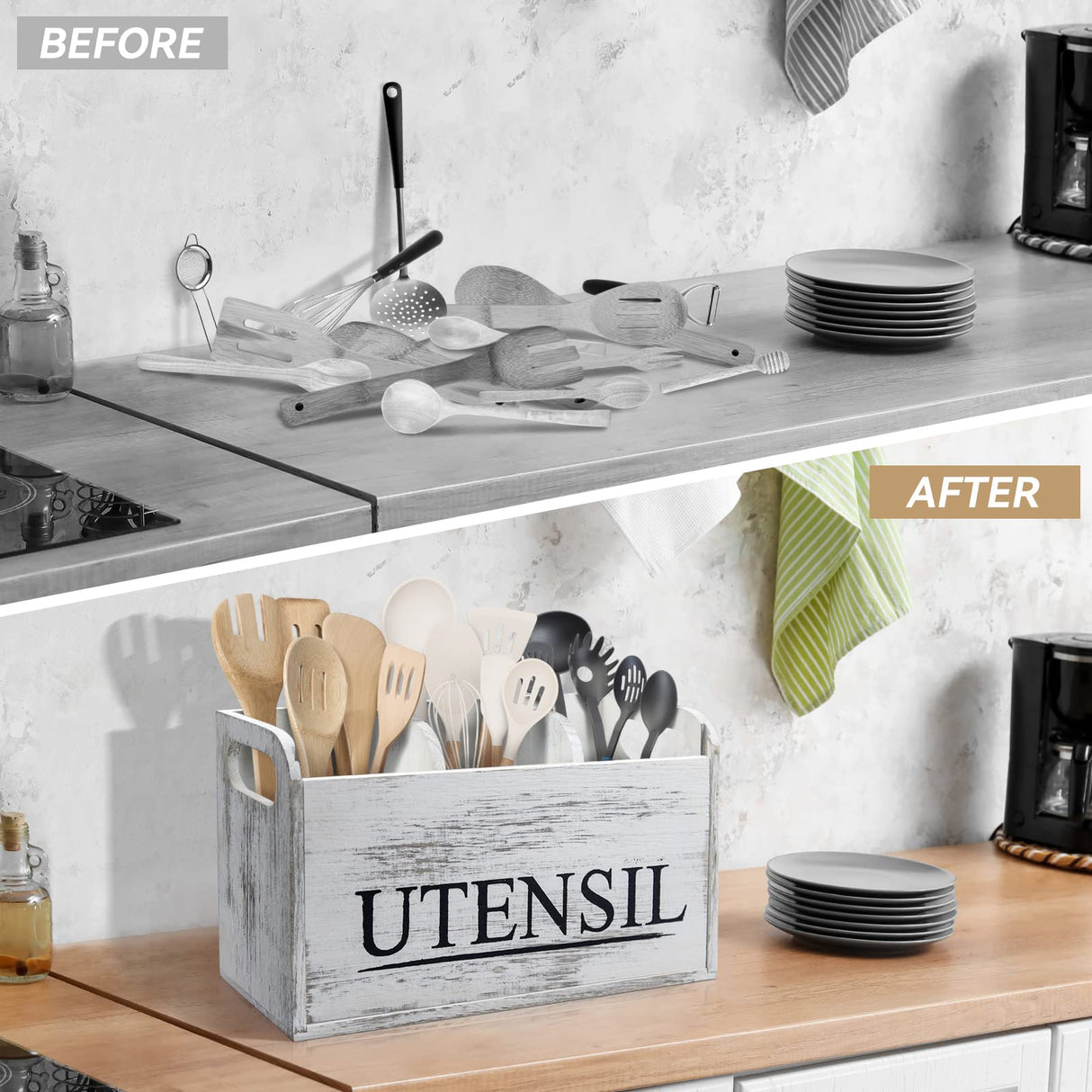 brekle White Kitchen Utensil Holder Rustic Large Wooden Utensil Organizer Cooking Tools Storage brekle