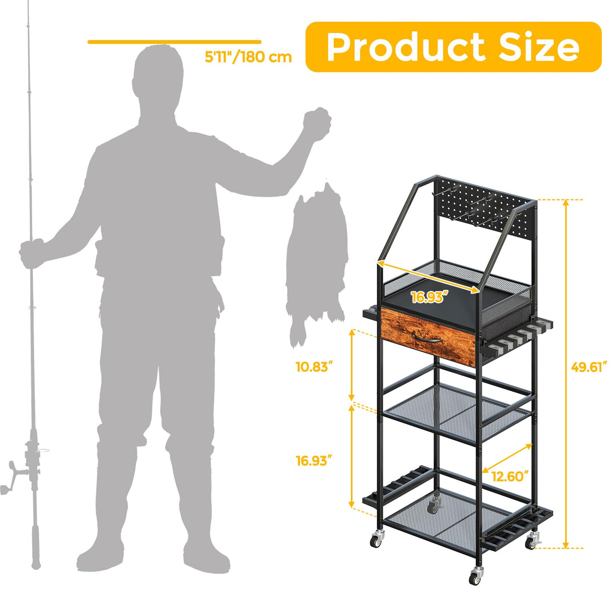 JIRTEMOT Fishing Rod Holder Organizer with Fabric Drawer & Pegboard, Space-Saving Garage Storage for 12 Rods, Reels, Tackle Boxes, Portable Fishing Gear Cart for Easy Access & Mobility JIRTEMOT