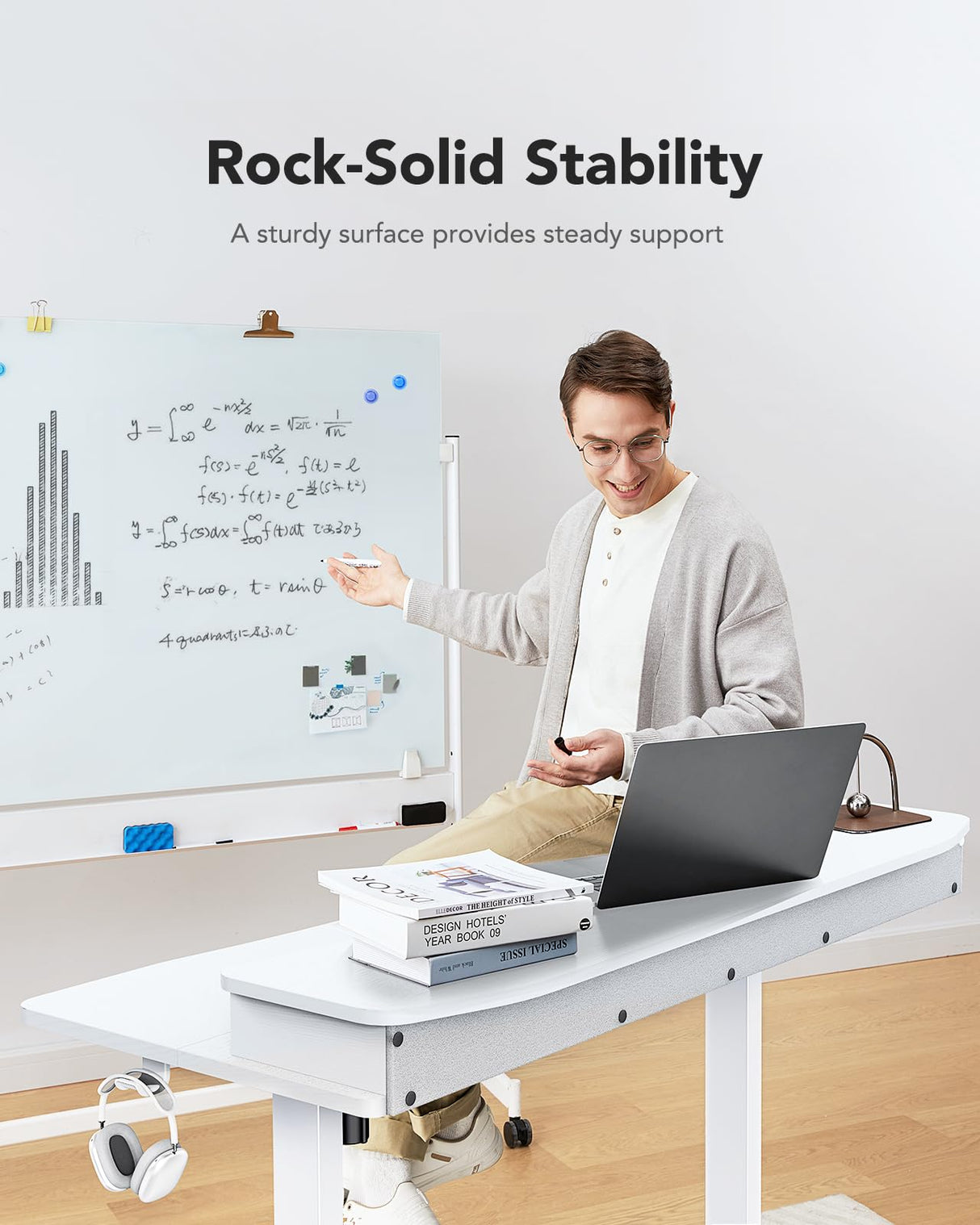 HUANUO 48″ x 24″ Electric Standing Desk with 2 Drawers, C-Clamp Mount Compatible, Height Adjustable Computer Desk, Home Office Stand Up Desk with 4 Preset Heights & 2 Hooks, White HUANUO