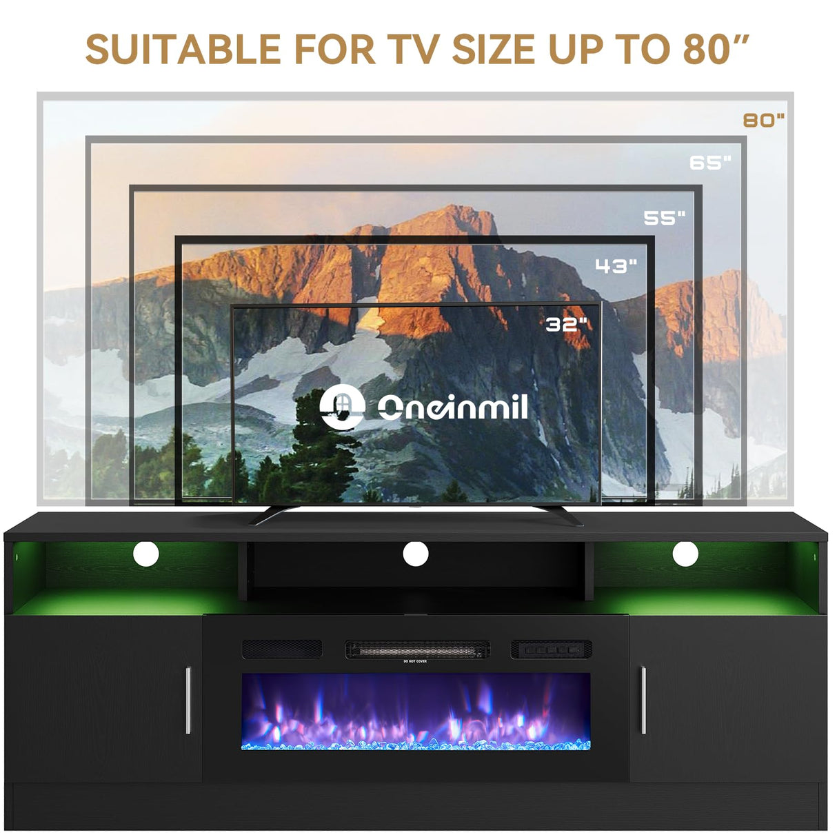 oneinmil 70" Fireplace TV Stand for TVs Up to 80", Electric Fireplace Entertainment Center with LED Lights & Storage Cabinets, Media Console Table for Living Room, Black oneinmil
