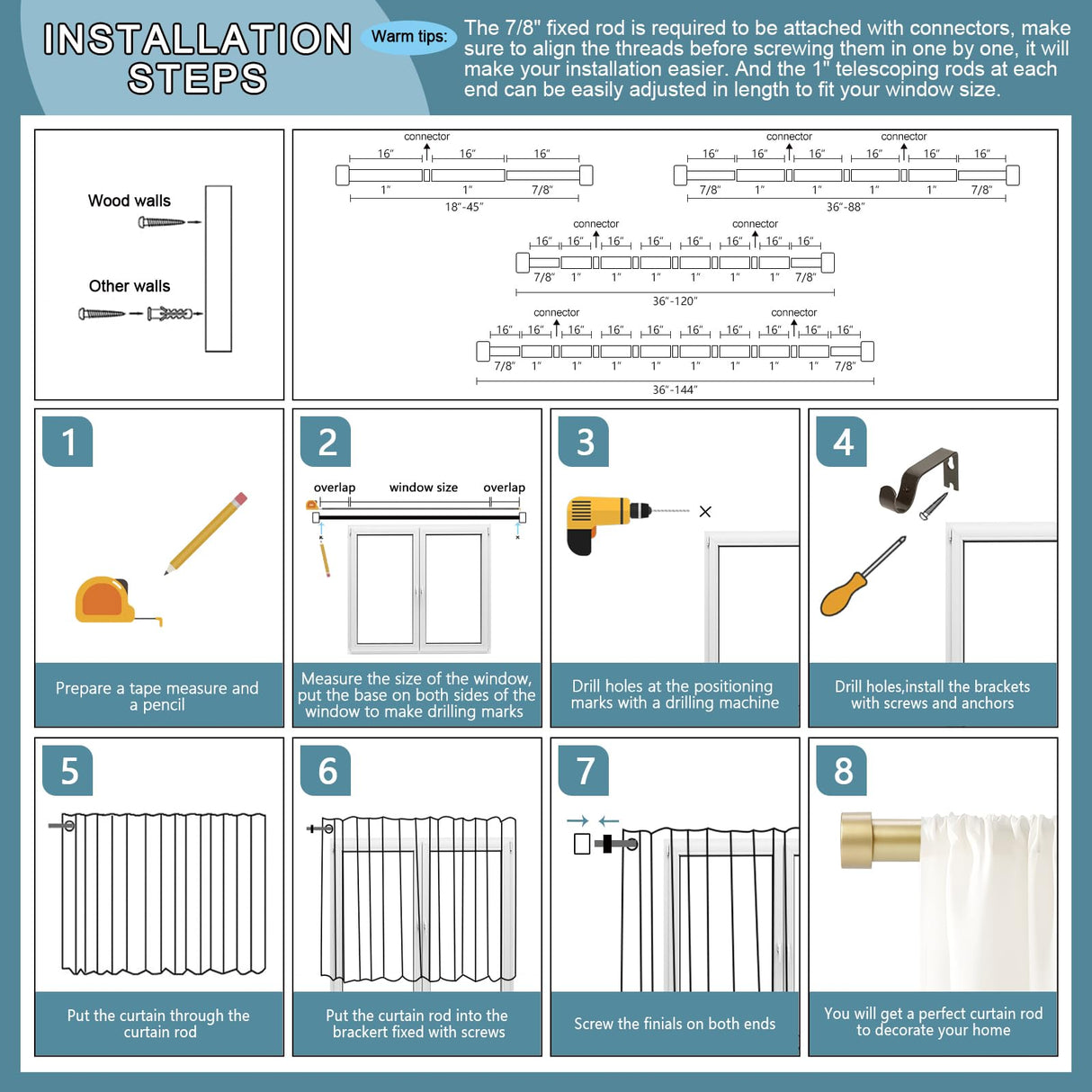 VOIIY Gold Curtain Rods for Windows 18 to 45 Inch(1.5-3.75 Feet),1" Diameter Drapery Rods with Modern Style End Cap Finials,Size:18-45 Inch VOIIY