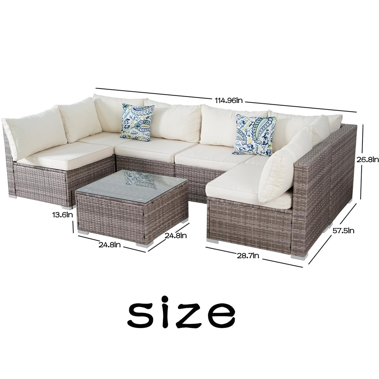 7 Pieces Outdoor Wicker Rattan Patio Furniture Sectional Set, Outdoor Furniture Sectional Sofa with Soft Cushion and Tempered Glass Table for Garden, Backyard, Balcony, Poolside, Grey and Beige BRRYIN