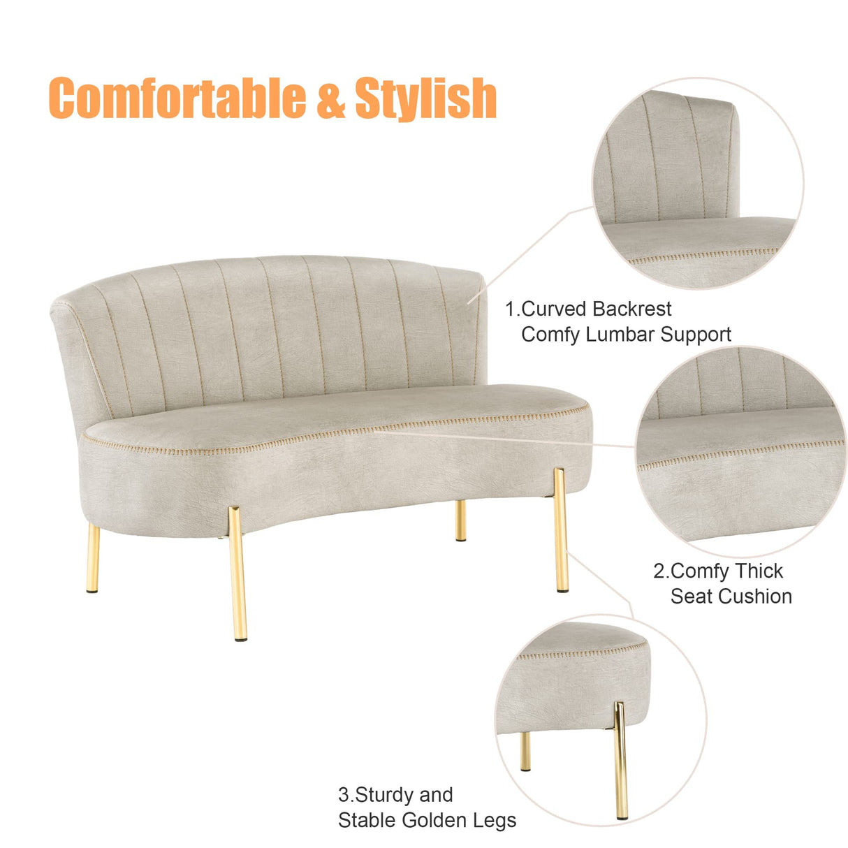 annjoe Loveseat Settee Upholstered Sofa Couch Banquette Bench Ottoman with Backrest and Golden Metal Legs for Dining Room Living Room Bedroom Funiture annjoe