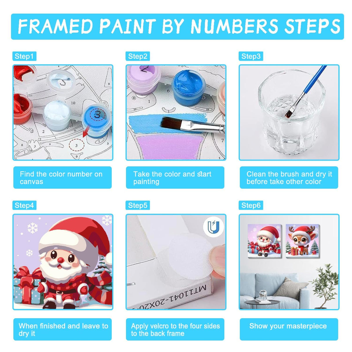 2 Pack Christmas Paint by Numbers for Kids with framed, DIY Cute Cartoon Christmas Kids Paint by Number Kits on Canvas, Arcrylic Easy Paint by Number for Kid and Adults Home Wall Decor 7.8x7.8Inch Amzdiyfun